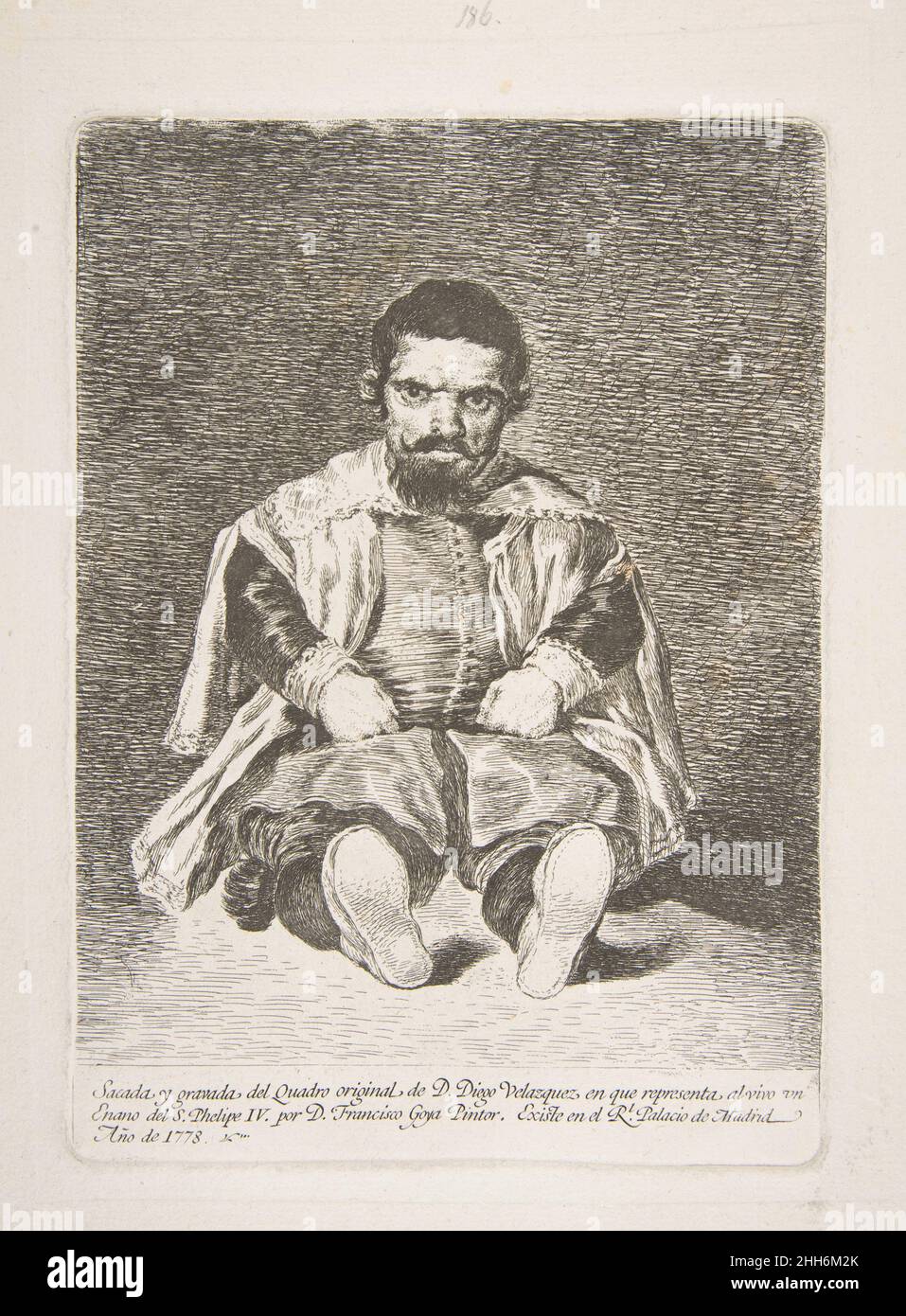 Portrait of a court dwarf known as 'El Primo' after Velázquez 1778 Goya (Francisco de Goya y Lucientes) Spanish Velázquez’s painted portraits of court jesters convey profound insight to their personalities. In 1644 the entertainer known as El Primo accompanied King Philip IV to Aragon, where he sat for Velázquez. In his etching based on that work, Goya accentuates the intensity of the man’s gaze; the dark background created by a dense network of lines serves to project his figure toward the viewer. Here, El Primo appears altogether more assertive, even confrontational—subtle differences intent Stock Photo