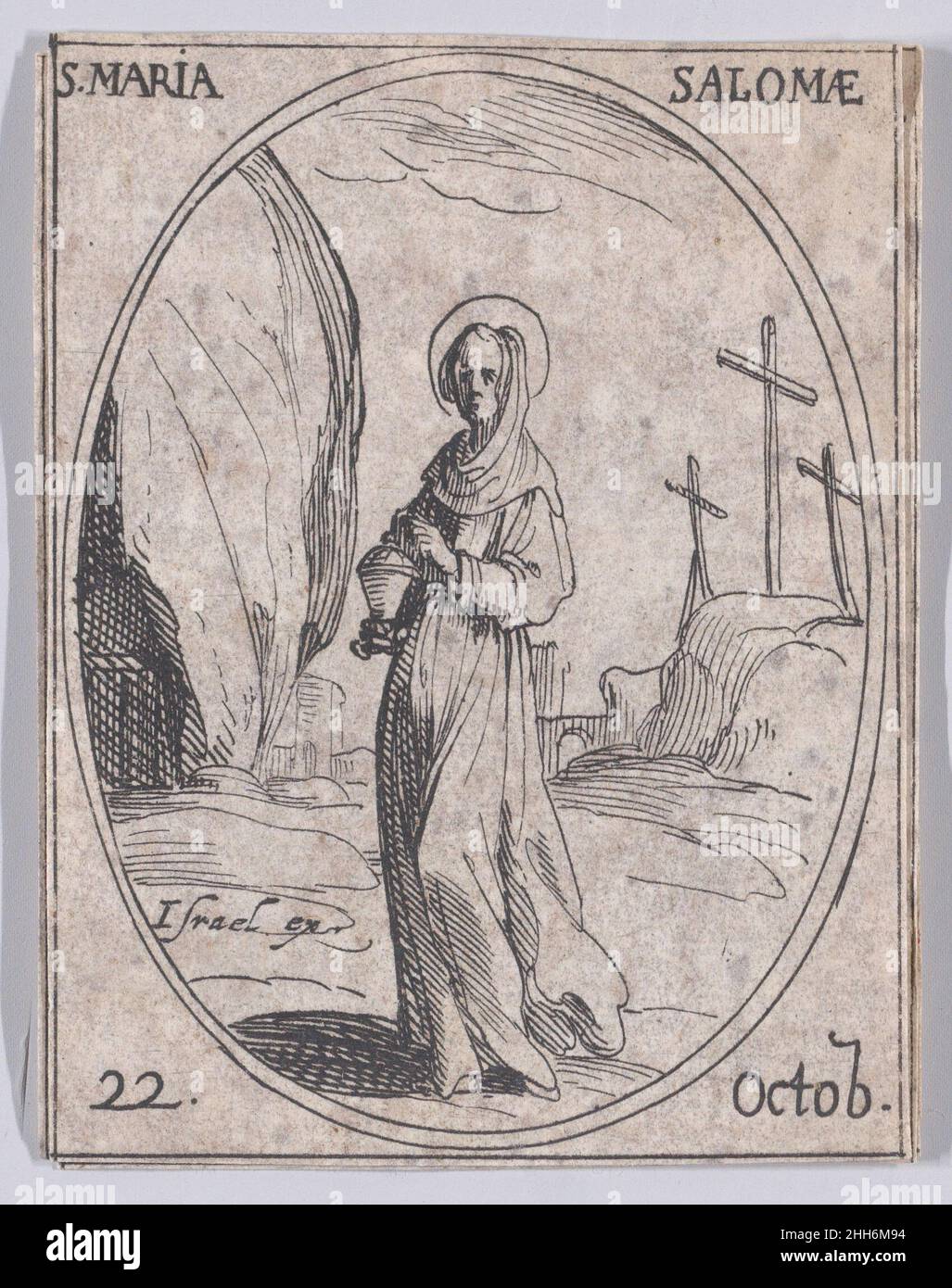 Ste. Maria Salomé (St. Mary Salome), October 22nd, from Les Images De Tous Les Saincts et Saintes de L'Année (Images of All of the Saints and Religious Events of the Year) 1636 Jacques Callot French This print is part of a series comprised of a title page, frontispiece, and 122 plates. Each of these 122 plates contains four oval scenes depicting Saints and Religious Events for each day of the year. This etching was originally one of four oval scenes on a plate in the series.. Ste. Maria Salomé (St. Mary Salome), October 22nd, from Les Images De Tous Les Saincts et Saintes de L'Année (Images of Stock Photo