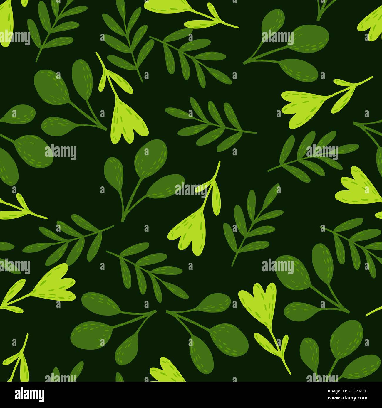 Random forest seamless pattern with green folk flowers. Botanic flora ...