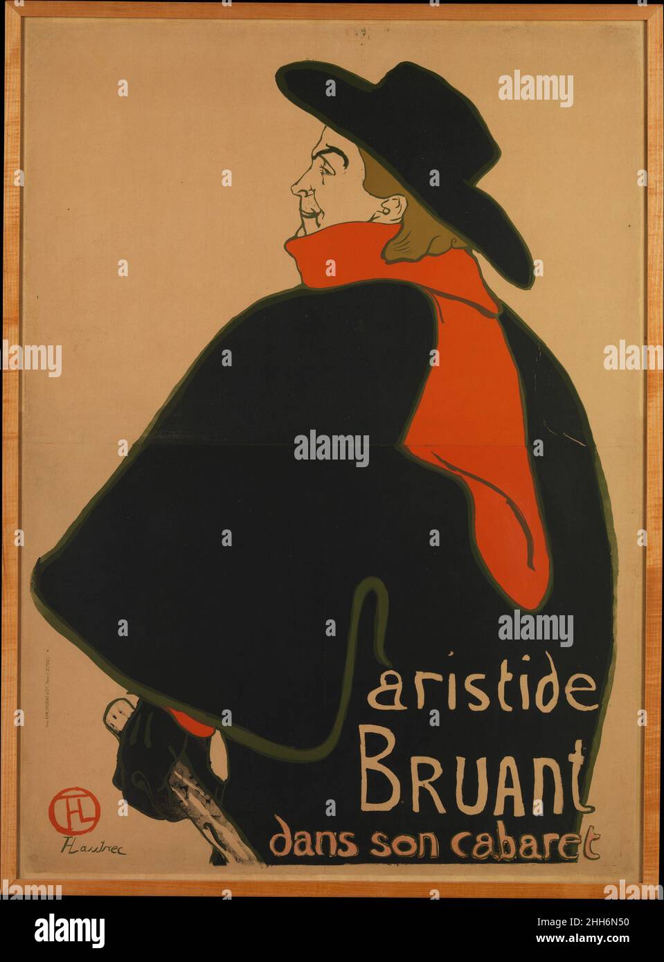 Aristide Bruant, at His Cabaret 1893 Henri de Toulouse-Lautrec French Aristide Bruant was a successful singer, songwriter, and entrepreneur who ran a cabaret in the Montmartre quarter of Paris. When he began performing at up-scale café-concerts on the Champs-Élysées, he immediately commissioned Toulouse-Lautrec to market his rough street persona in a manner that would appeal to a bourgeois audience. Seizing on Bruant's trademark costume of a wide-brimmed hat, cape, and red scarf, Lautrec designed a sparse yet iconic image that promoted both the performer's career as well as his own.. Aristide Stock Photo