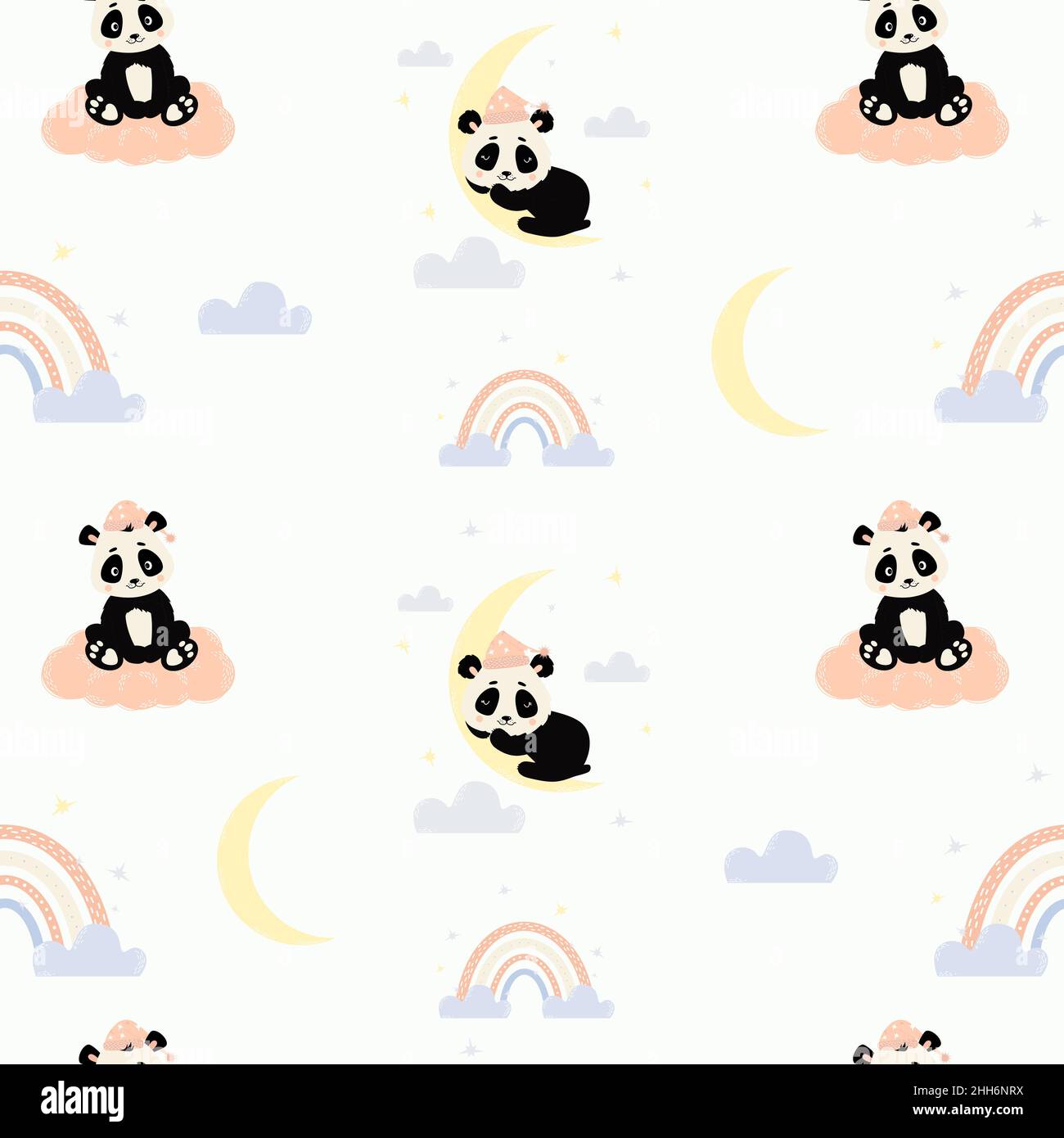 Seamless pattern. Cute sleeping panda on moon and bear cub on cloud on ...