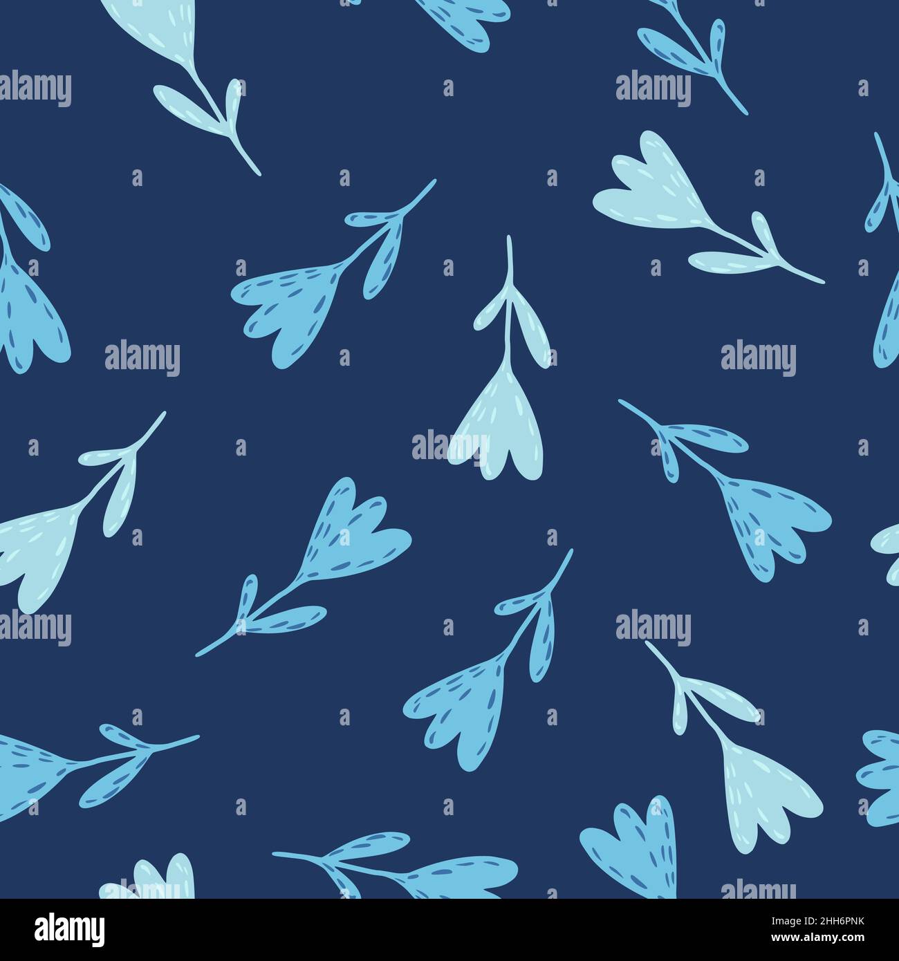 Random light blue tulips seamless pattern. Hand drawn stylized botanic print on navy colored background. Vector illustration for seasonal textile prin Stock Vector