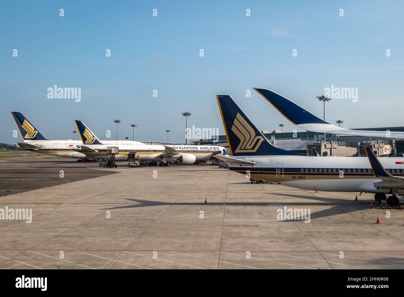 Singapore - January 2022: Singapore Airlines aircraft on the runway of Singapore Changi Airport. Singapore Airlines is the flag carrier of Singapore Stock Photo