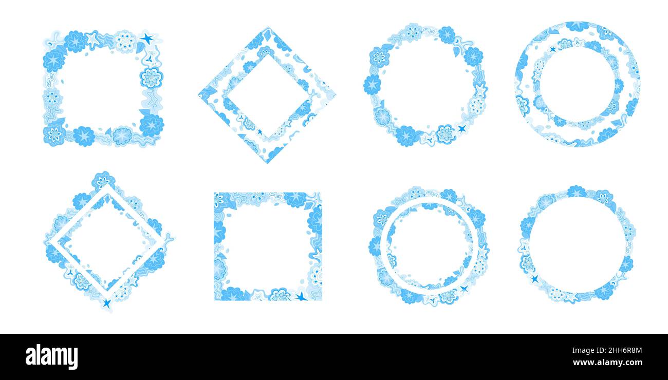 Collection of blue floral rectangular and round hand drawn frames. Various design scribbles, copy space. Editable template, festive print Stock Vector