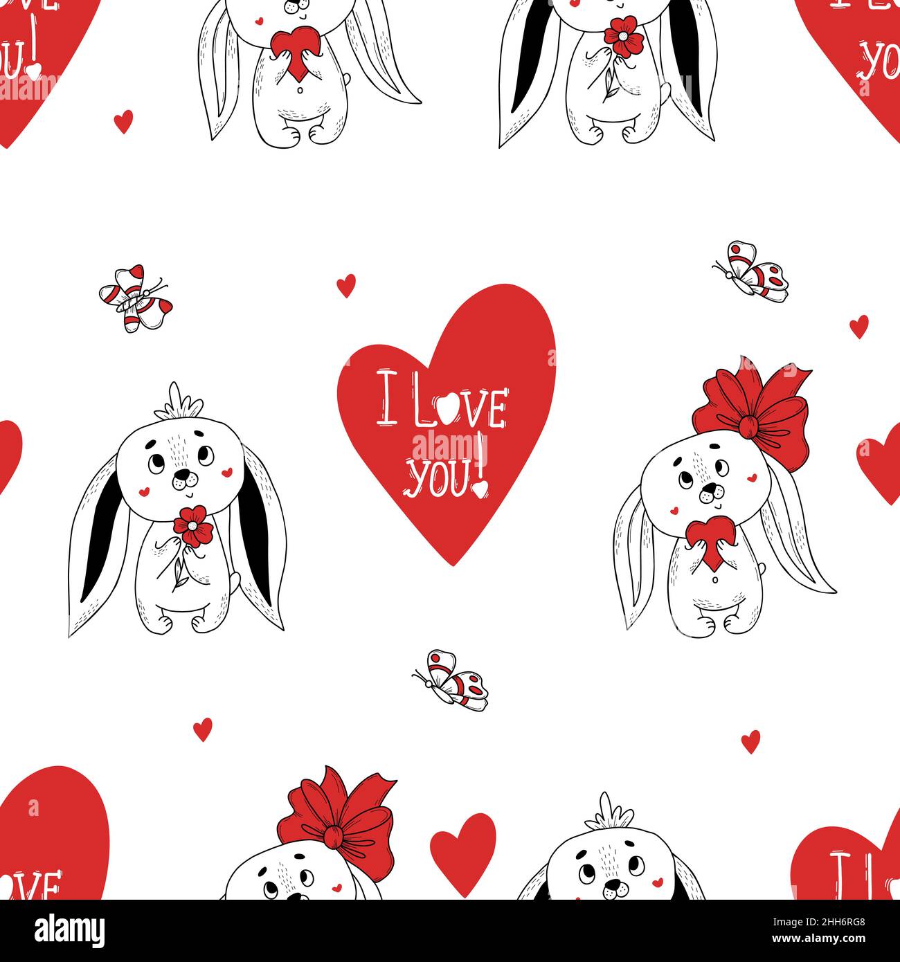 Seamless romantic pattern. pair of cute enamored rabbits and big heart ...