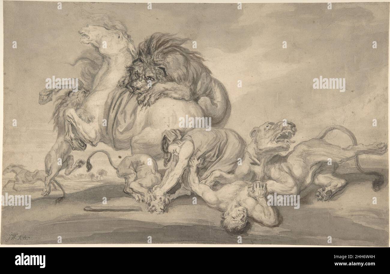 Lions Attacking Two Men and a Horse 1801–59 Attributed to James Ward British. Lions Attacking Two Men and a Horse  361873 Stock Photo