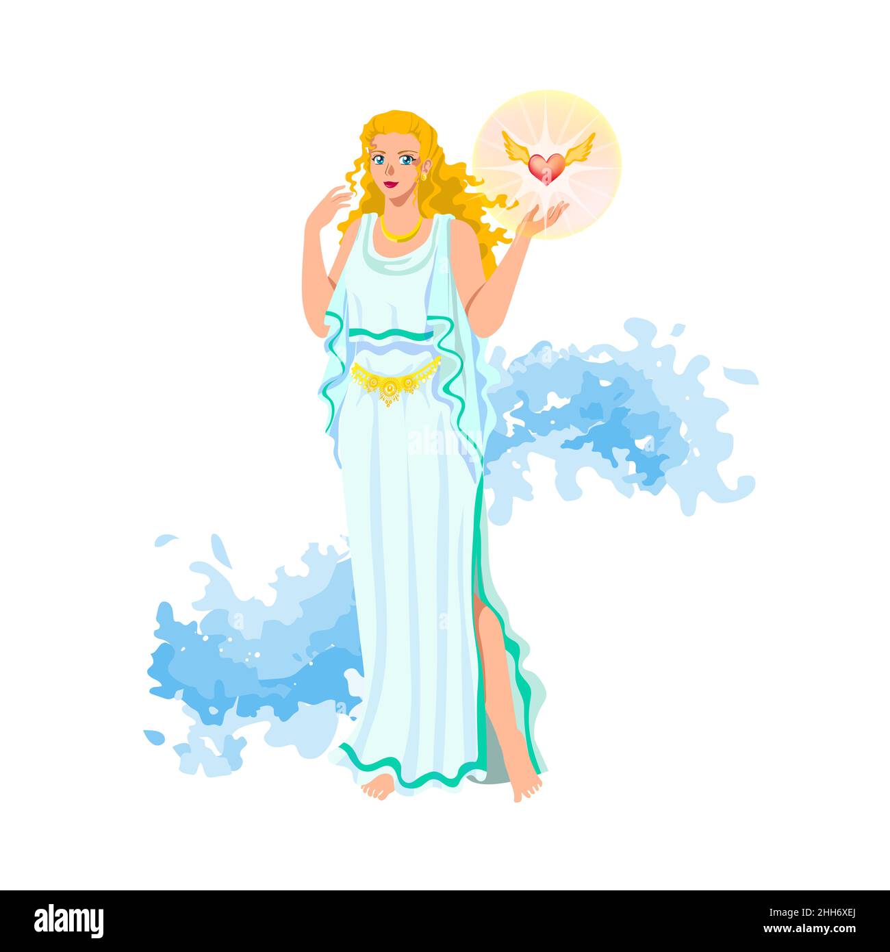 Aphrodite (Venus, Cytherea, Cypris), Greek love and beauty goddess, with golden hair, blue eyes, necklace, in white peplos and magic belt, with heart Stock Vector