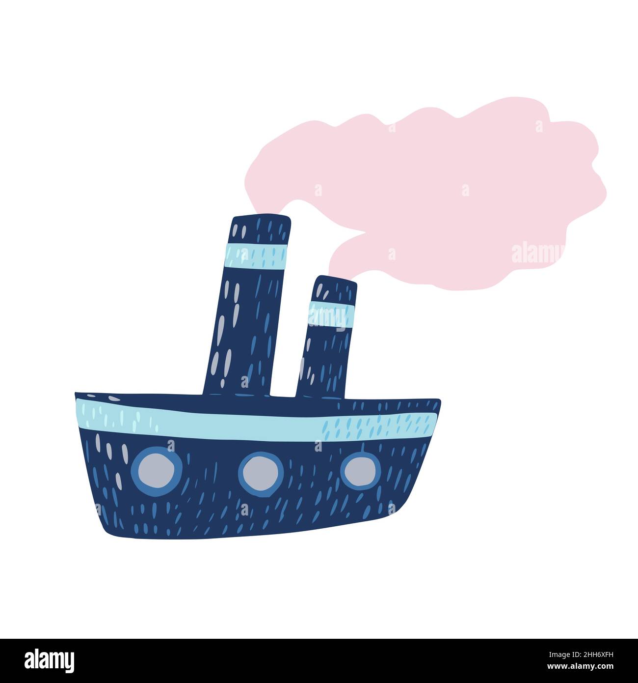 Blue steamboat cute isolated on white background. Cartoonish ship with pink steam in doodle style vector illustration Stock Vector