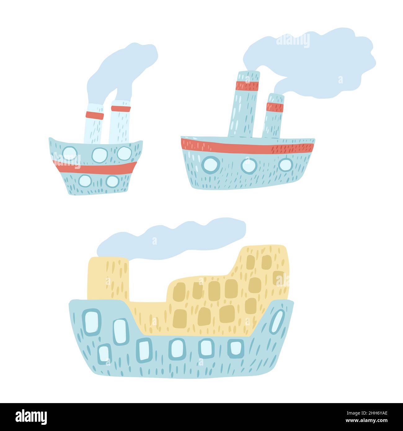 Set steamboat cute on white background. Cartoonish blue ship with steam in doodle style vector illustration Stock Vector