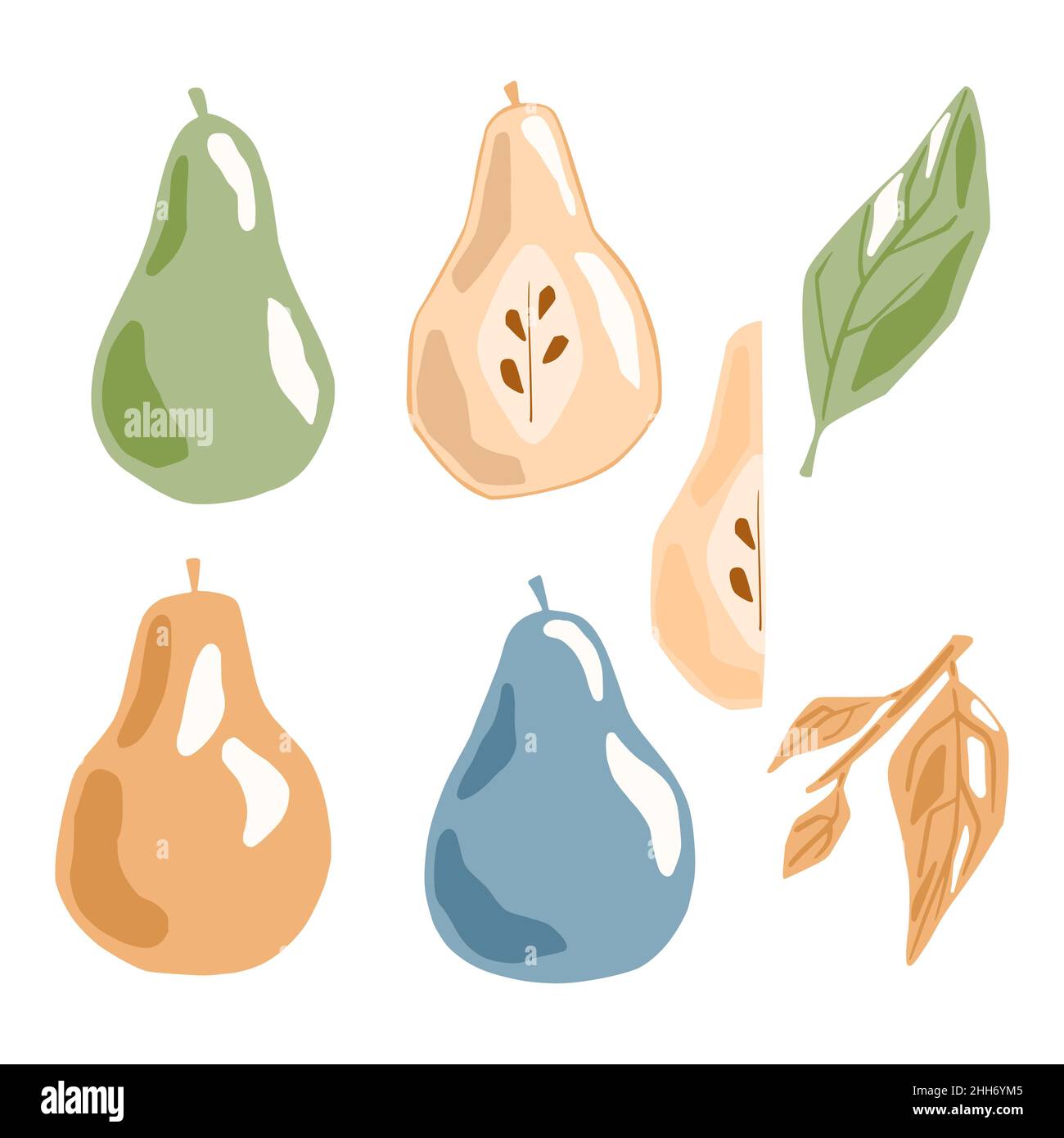 Set pears on white background. Pear whole, half, slice, green, blue, yellow, orange, leaves and foliage with twig sketch hand drawn in style doodle ve Stock Vector