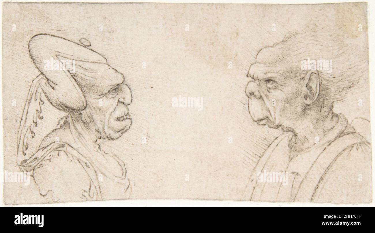 A Grotesque Couple: Old Woman with an Elaborate Headdress and Old Man with Large Ears and Lacking a Chin 1491/93–1570 Attributed to Giovanni Francesco Melzi Italian These two grotesque figures in bust-length profile, facing one another, are copies after original drawings by Leonardo da Vinci, drawn by his faithful pupil and artistic heir, Giovanni Francesco Melzi. Melzi produced a series of these grotesque couples after Leonardo's original drawings, called the 'Pembroke Grotesques' after the Earls of Pembroke who once owned them. In many cases, both the original drawings of grotesques by Leona Stock Photo