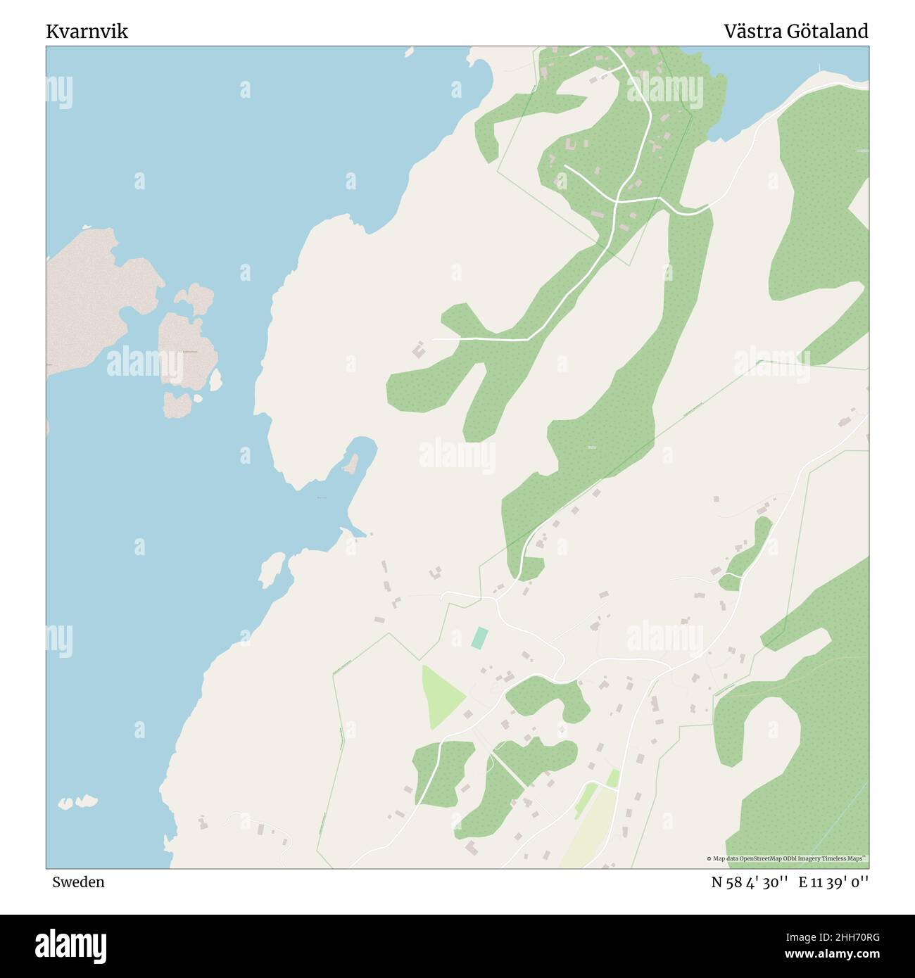 Kvarnvik, Sweden, Västra Götaland, N 58 4' 30'', E 11 39' 0'', map, Timeless Map published in 2021. Travelers, explorers and adventurers like Florence Nightingale, David Livingstone, Ernest Shackleton, Lewis and Clark and Sherlock Holmes relied on maps to plan travels to the world's most remote corners, Timeless Maps is mapping most locations on the globe, showing the achievement of great dreams. Stock Photo