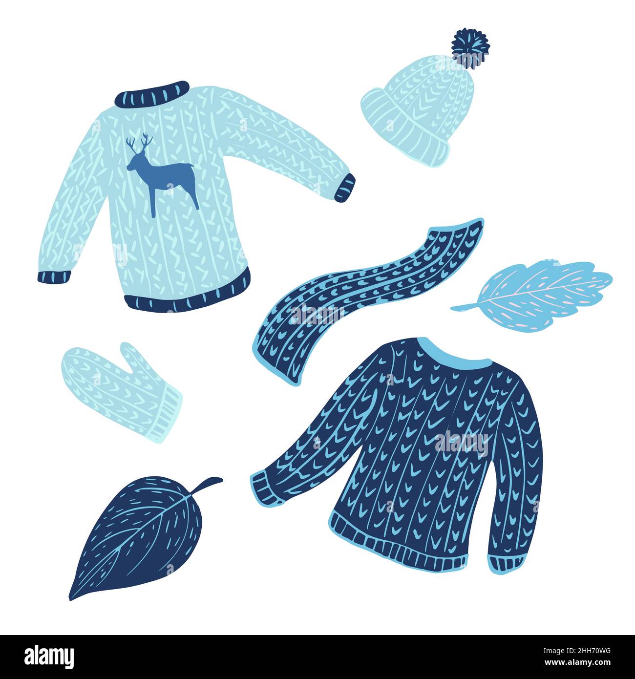 omposition of sweaters, hats, scarves and leaves on white background. WInter season clothing from sweater, mitten, cap, scarf and foliage sketch hand Stock Vector