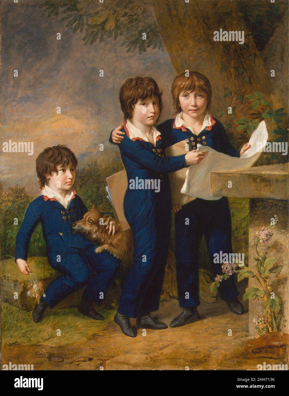 The Children of Martin Anton Heckscher: Johann Gustav Wilhelm Moritz (1797–1865), Carl Martin Adolph (1796–1850), and Leopold (born 1792) 1805 Johann Heinrich Wilhelm Tischbein German Sons of the Hamburg banker Martin Anton Hecksher examine a plan of the Schnepfenthal school, founded in Gotha in 1787 and considered one of the most progressive in Germany. Tischbein was at the heart of German Romanticism’s rich intellectual culture, and he depicts the young students in a natural setting that was sympathetic to Enlightenment educational reforms that swept Europe and encouraged a new vision of chi Stock Photo