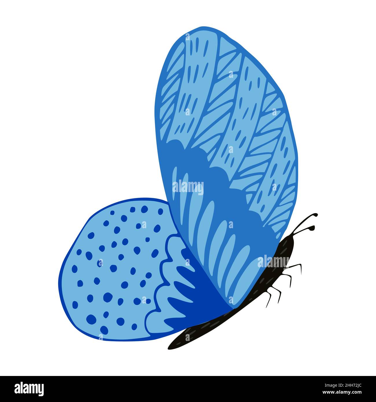 Butterfly isolated on white background. Abstract insect for pollination in black and blue in doodle style vector illustration. Stock Vector