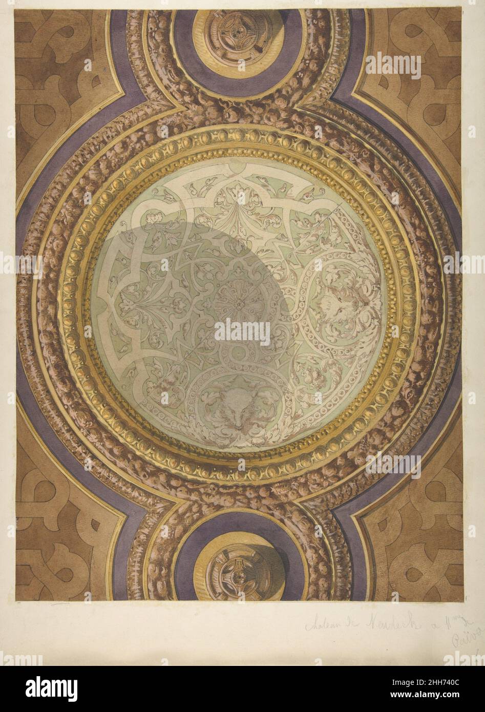 Design for Domed Ceiling for Mme Païva's Chateau at Neudeck ca. 1877–84 Jules-Edmond-Charles Lachaise French This beautiful design combines various 16th century ornaments in a monumental domed ceiling. It was designed by the Parisian architectural firm Lachaise and Gourdet which specialized in the interior decoration of upper-class houses and palaces from the 1840s until the last quarter of the 19th century. The design was part of their commission for the illustrious courtesan known as ‘La Paiva’ who had worked her way up in society through several advantageous marriages. Her last husband, Cou Stock Photo