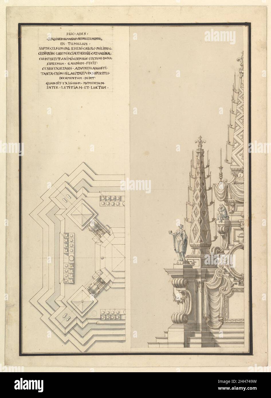 Design for Half Elevation and Half Ground Plan of a Catafalque for Countess Palatine of the Rhine, Theresia Catharine, wife of Count Palatine, Charles Philip III (1716-1742). around 1742 Workshop of Giuseppe Galli Bibiena Italian. Design for Half Elevation and Half Ground Plan of a Catafalque for Countess Palatine of the Rhine, Theresia Catharine, wife of Count Palatine, Charles Philip III (1716-1742).  344512 Stock Photo