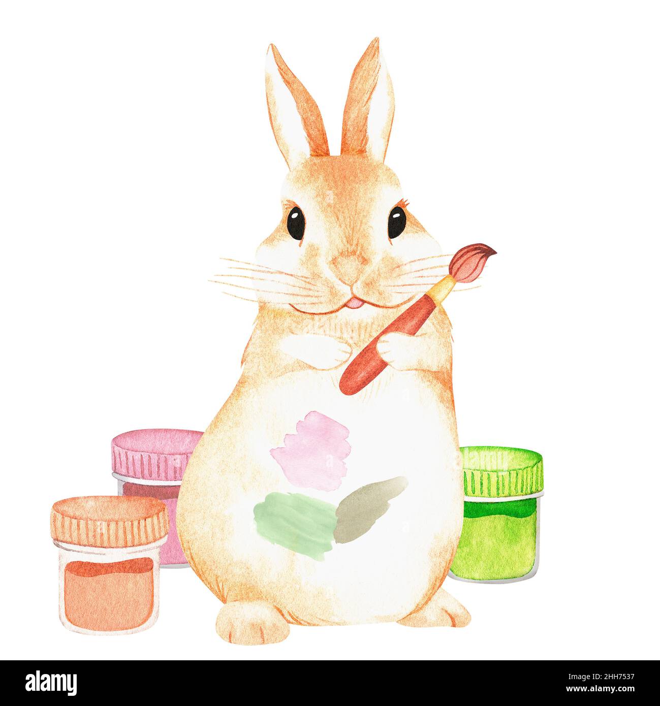 Rabbit is an artist. Watercolor illustration. Isolated on a white ...