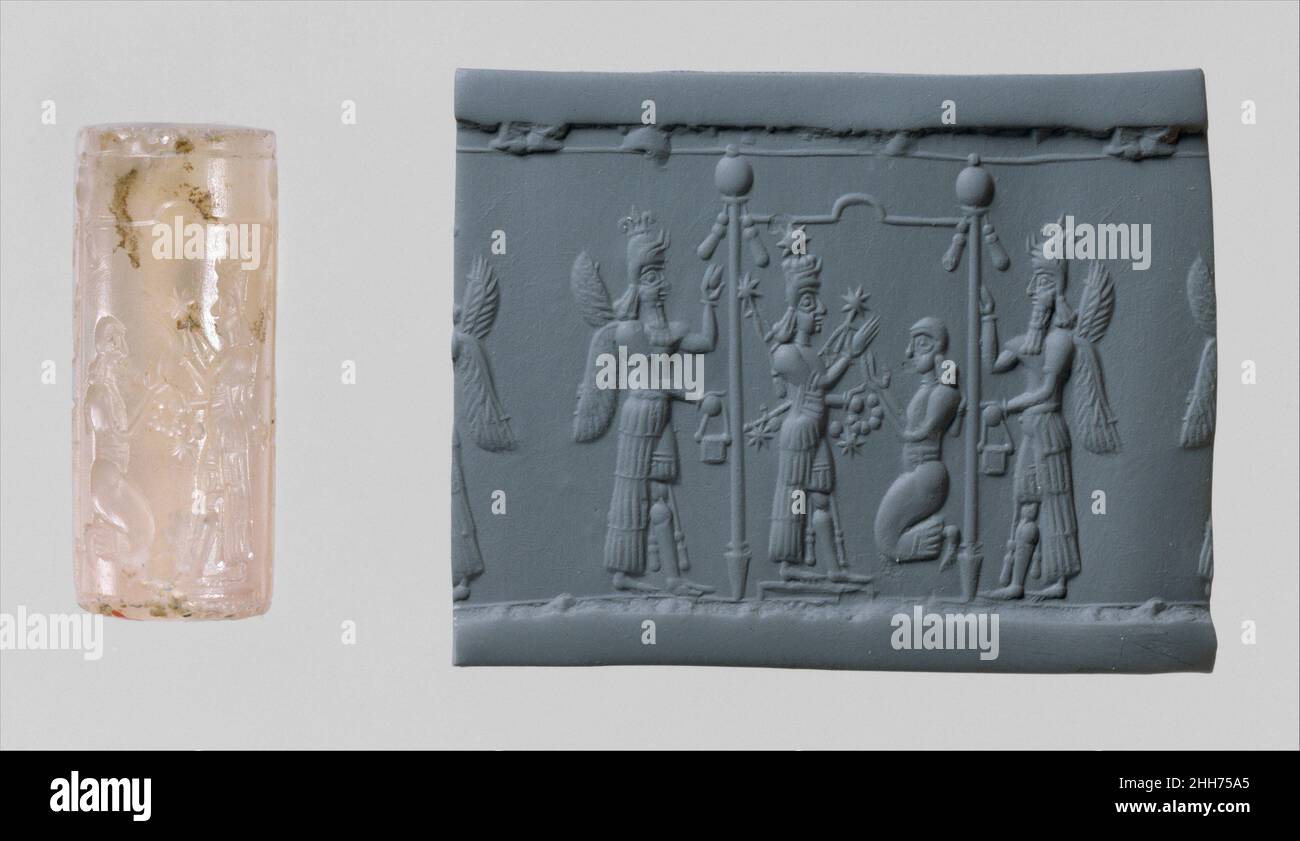 Cylinder seal with cultic scene late 9th - early 8th century B.C. Assyrian Seals of the early first millennium B.C. in Babylonia and Assyria were carved in the linear, drilled, cut, and modeled styles. The modeled style illustrated here derives from earlier Middle Assyrian seal carving and from the modeled sculpture in the palace of Sargon II (r. 721–705 B.C.), king of Assyria at Khorsabad. This style was used predominantly on seals showing scenes of contest and worship.On this cylinder seal a statue of the goddess Ishtar stands on a platform within a canopied enclosure. Ishtar is identified b Stock Photo