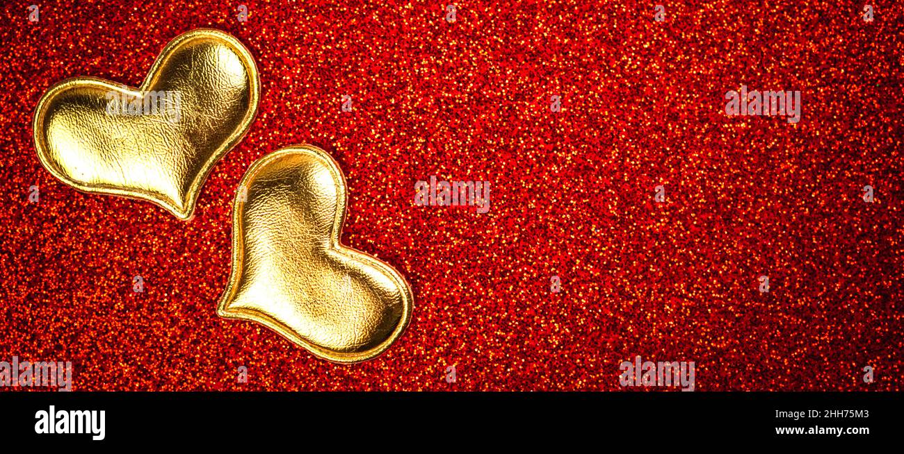 Valentines Day hearts. Banner, red sparkling glitter background with ...