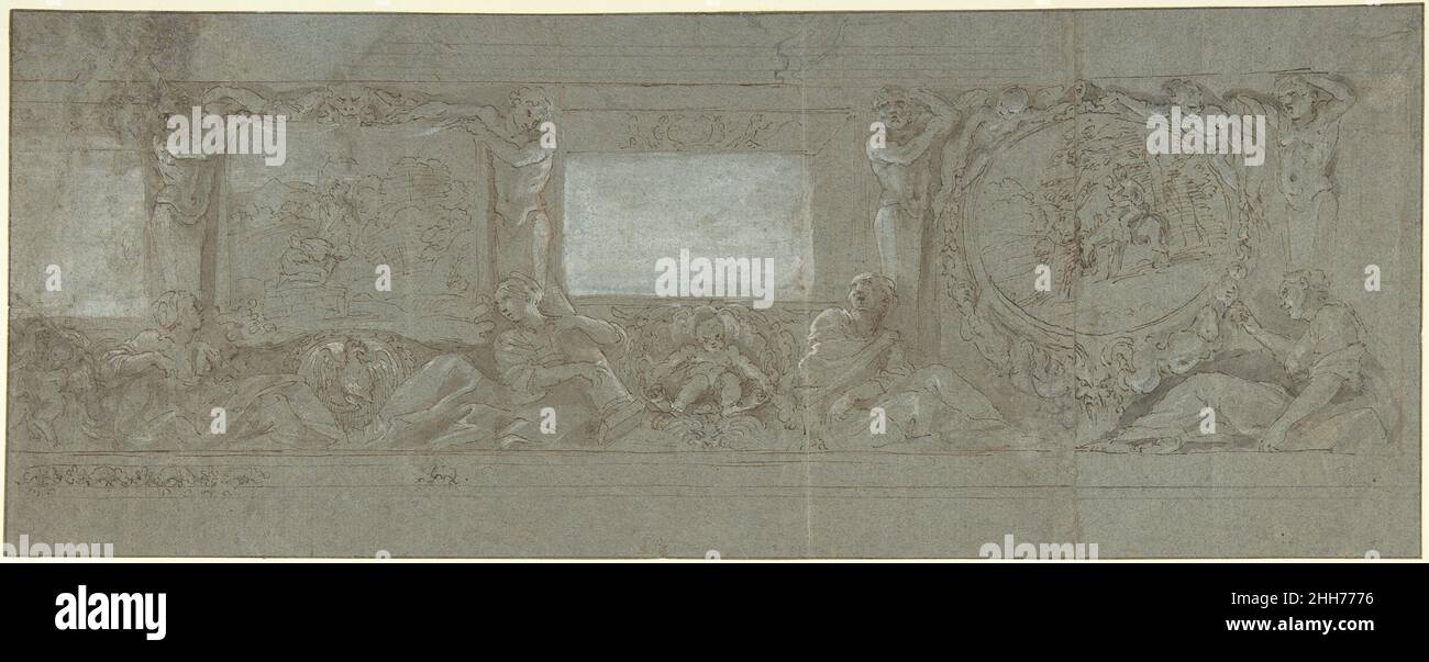 Design for a Wall Decoration with the Sacrifice of Abraham and the Flight into Egypt 1582–1647 Giovanni Lanfranco Italian A pupil of Agostino and Annibale Carracci, Lanfranco worked in Rome early in his career, in Piacenza, in Rome again from 1612 to 1634, and finally in Naples. The artist made this fluid and graceful drawing in preparation for the fresco decoration of the Sala Regia in the papal Palazzo del Quirinale, a commission from Pope Paul V on which Lanfranco worked in 1616–17 along with Agostino Tassi, Carlo Saraceni, and others.Erich Schleier (1970) related this drawing to the projec Stock Photo