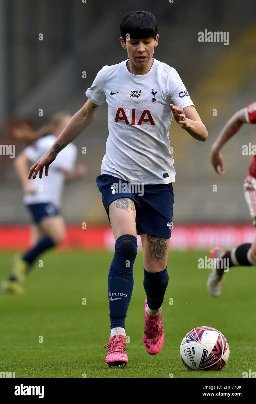 LEIGH, UK. JAN 23RD Stock action picture of Ashleigh Neville of Tottenham Hotspur Football Club Women during the Barclays FA Women's Super League match between Manchester United and Tottenham Hotspur at Leigh Sports Stadium, Leigh on Sunday 23rd January 2022. (Credit: Eddie Garvey | MI News) Credit: MI News & Sport /Alamy Live News Stock Photo