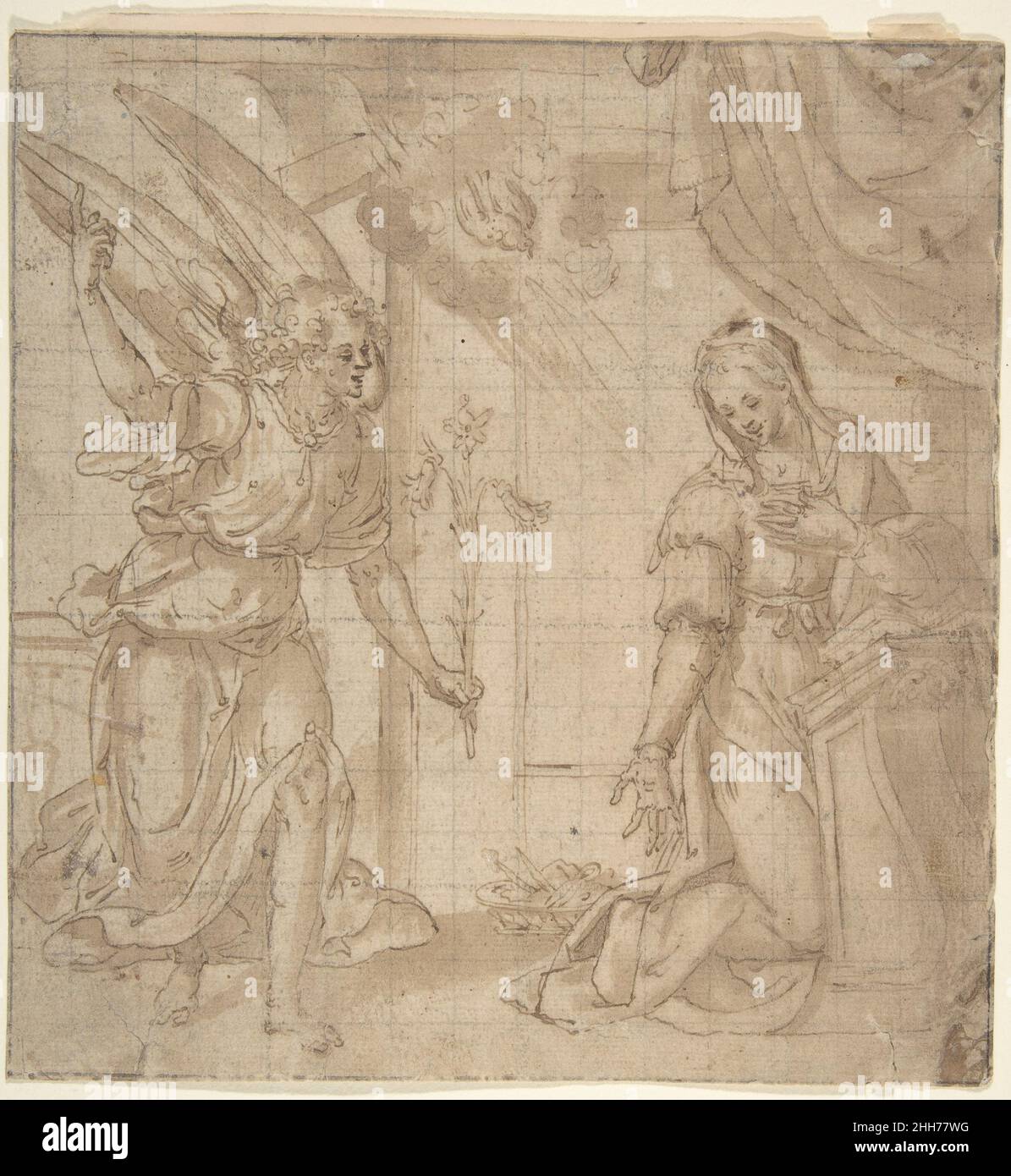 Annunciation 1560–1600 Marchigian artist near Filippo Bellini Italian. Annunciation. Marchigian artist near Filippo Bellini (Italian, Urbino 1550/55–1604 Macerata). 1560–1600. Pen and brown ink, brush and brown wash, over leadpoint or black chalk, on paper washed light brown; squared for transfer. Drawings Stock Photo