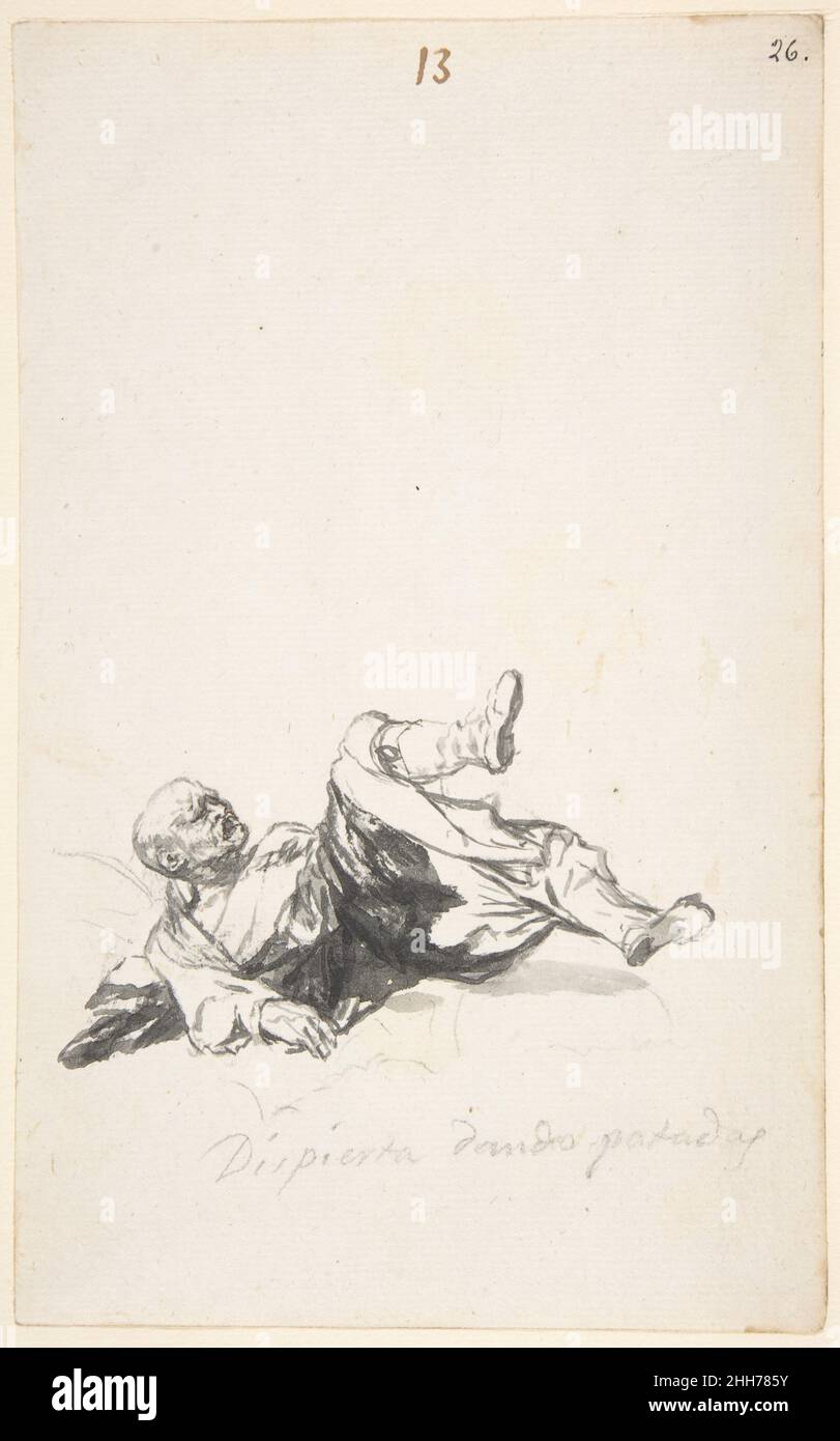 'He Wakes Up Kicking'; a man on the floor kicking his legs after waking from a nightmare; page 13 from the Witches and Old Women Album (D) ca.1819–23 Goya (Francisco de Goya y Lucientes) Spanish An old man wakes, possibly from a nightmare, and struggles to kick off the bedclothes in which he is entangled. His face is distorted in pain, his brow furrowed and his mouth open. He wrests his right leg free from the sheets, revealing that he is wearing boots. The emphasis on the nicely shod foot hints that this might not be a straightforward representation of sudden awakening. At a time when apparel Stock Photo