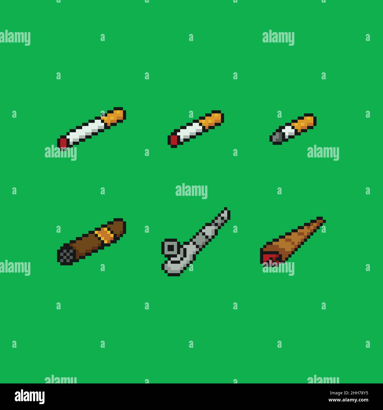 8 bit pixel art vector illustration set. cigarette, cigar, joint, pipe ...