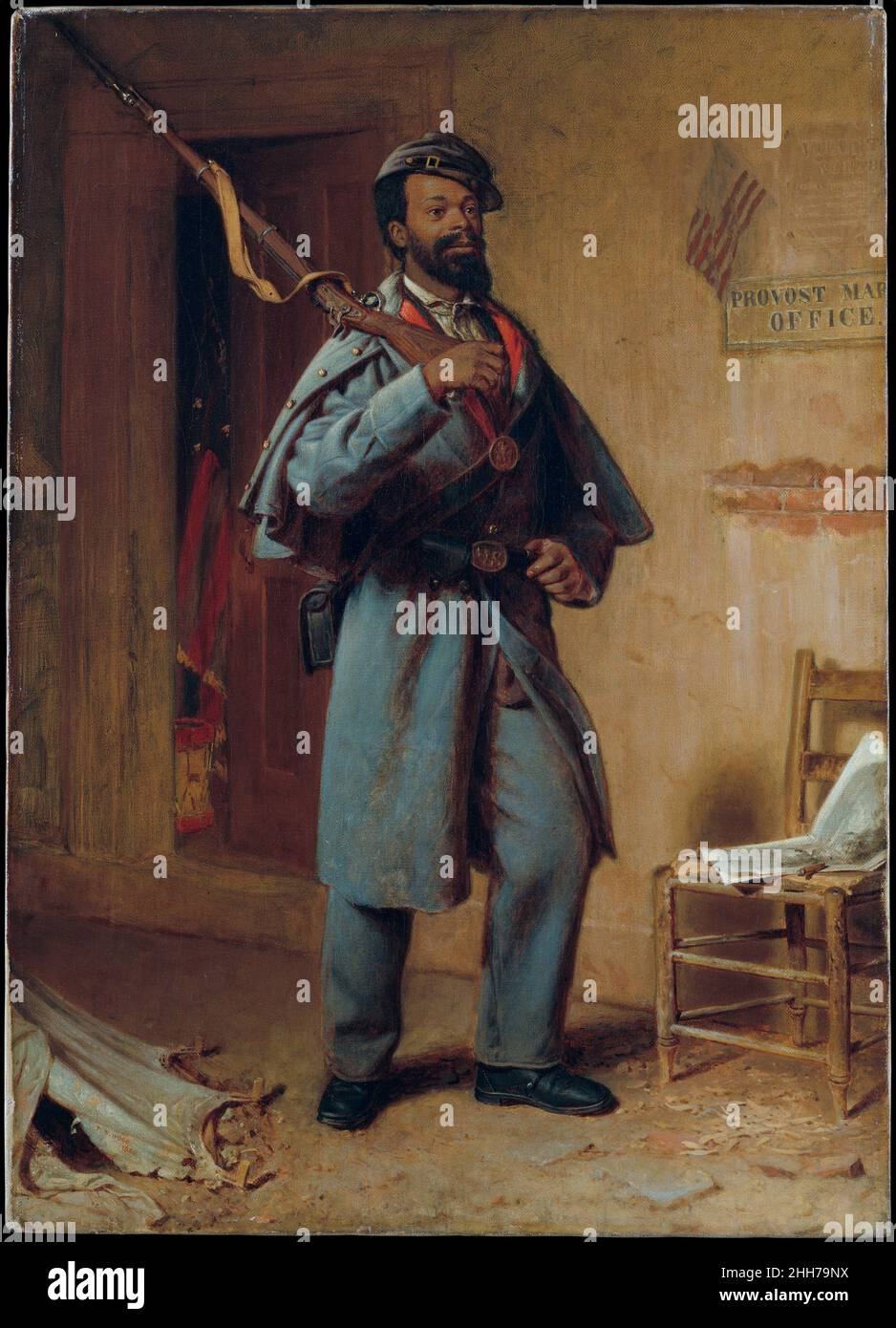 A Bit of War History: The Recruit 1866 Thomas Waterman Wood American This work, painted at the close of the Civil War, forms a narrative triptych (84.12a, b, c) of African American military service. In 'The Contraband' (84.12a)—a term that referred to enslaved people who fled to Union lines at the beginning of the conflict—the self-emancipated man appears in a U.S. Army Provost Marshall General office, eager to enlist. The Recruit (84.12b) represents him as proudly ready for military service. In 'The Veteran' (84.12c), he is depicted as an amputee possibly seeking his pension in the same offic Stock Photo