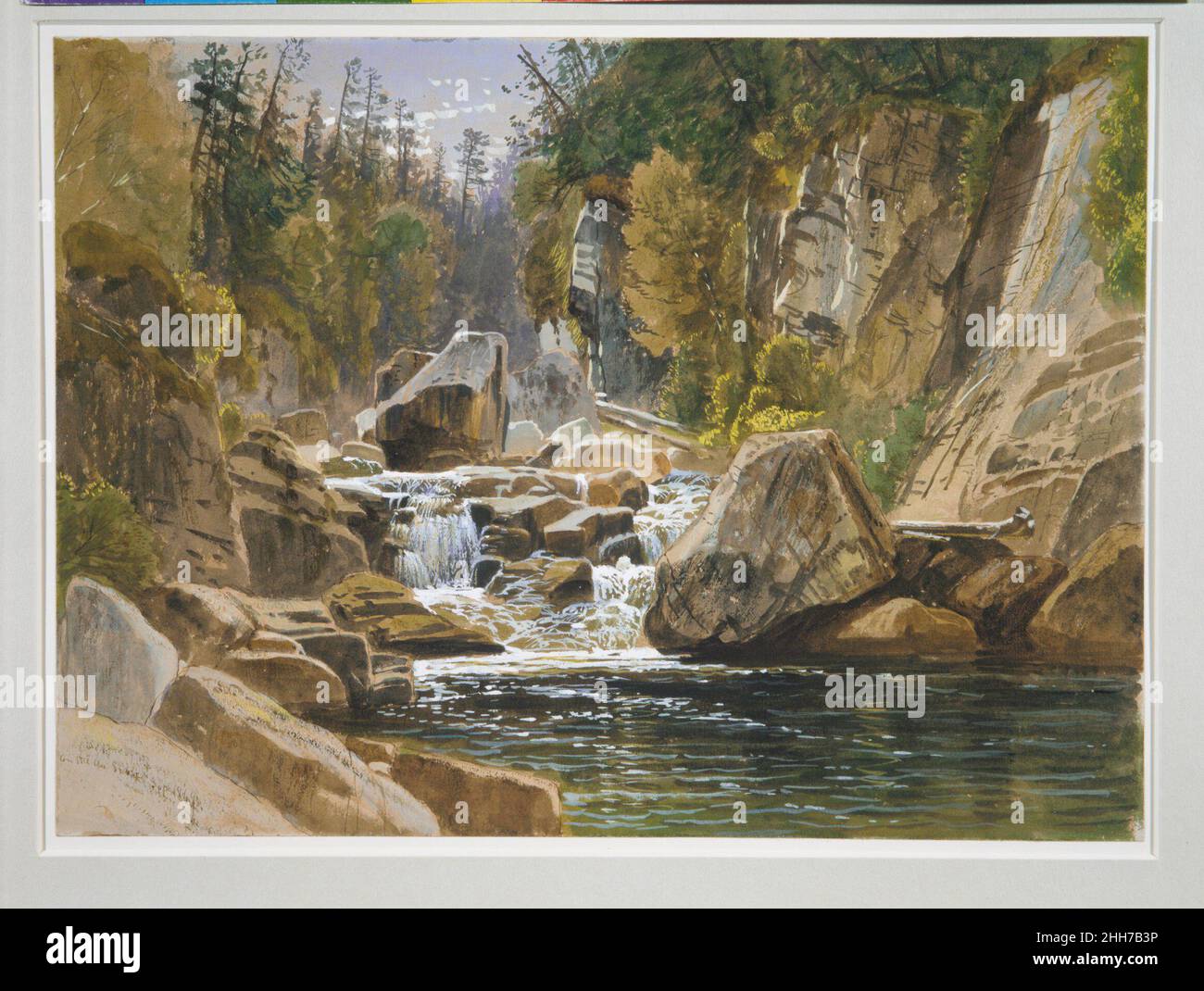 On the Ausable 1869 James David Smillie American Smillie was a member of a respected artistic family, including his brother, George Henry, and his father, James, whom James David followed into a career in engraving. For a time beginning in the 1860s Smillie earnestly devoted himself to landscape in both oil and watercolor. A close associate of Samuel Colman, the first president of the American Watercolor Society, Smillie accompanied Colman and other painters to the Adirondacks’ Keene Valley, through which the Ausable flows, for several seasons beginning in 1868. With lively touches of both tra Stock Photo