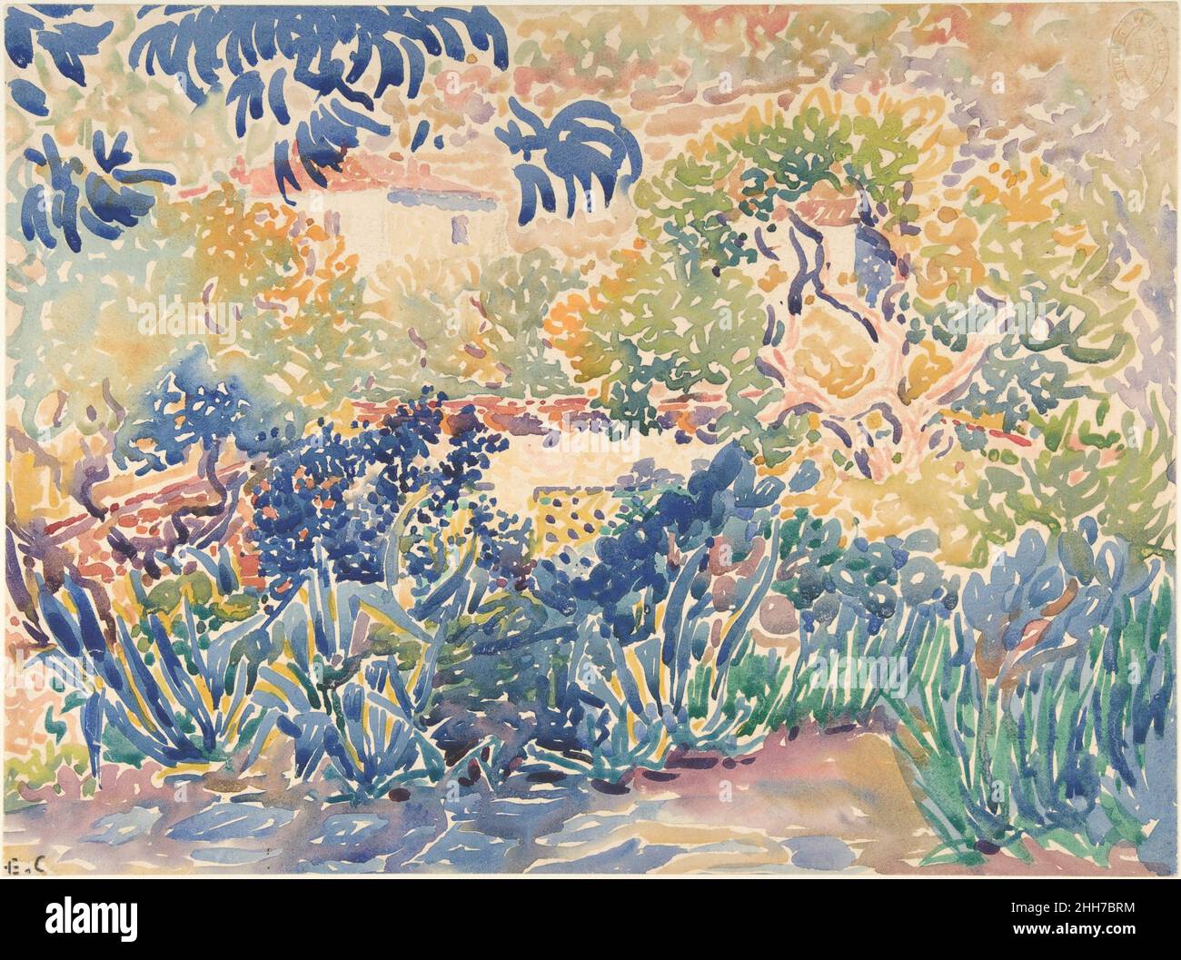 The Artist's Garden at Saint-Clair 1904–5 Henri-Edmond Cross (Henri-Edmond Delacroix) French The art of Henri-Edmond Cross belongs to the later years of Neo-Impressionism. It was not until he moved to Saint-Clair, a small hamlet on the Côte d'Azur near Saint-Tropez, that he turned to pure landscape painting in oil and watercolor, using a vivid palette of saturated colors. On the Mediterranean coast, Cross relaxed the rigorous optical arrangements of the Divisionist technique in favor of a style of painting using long, blocky brushmarks in decorative, mosaic-like patterns. Cross painted many ra Stock Photo