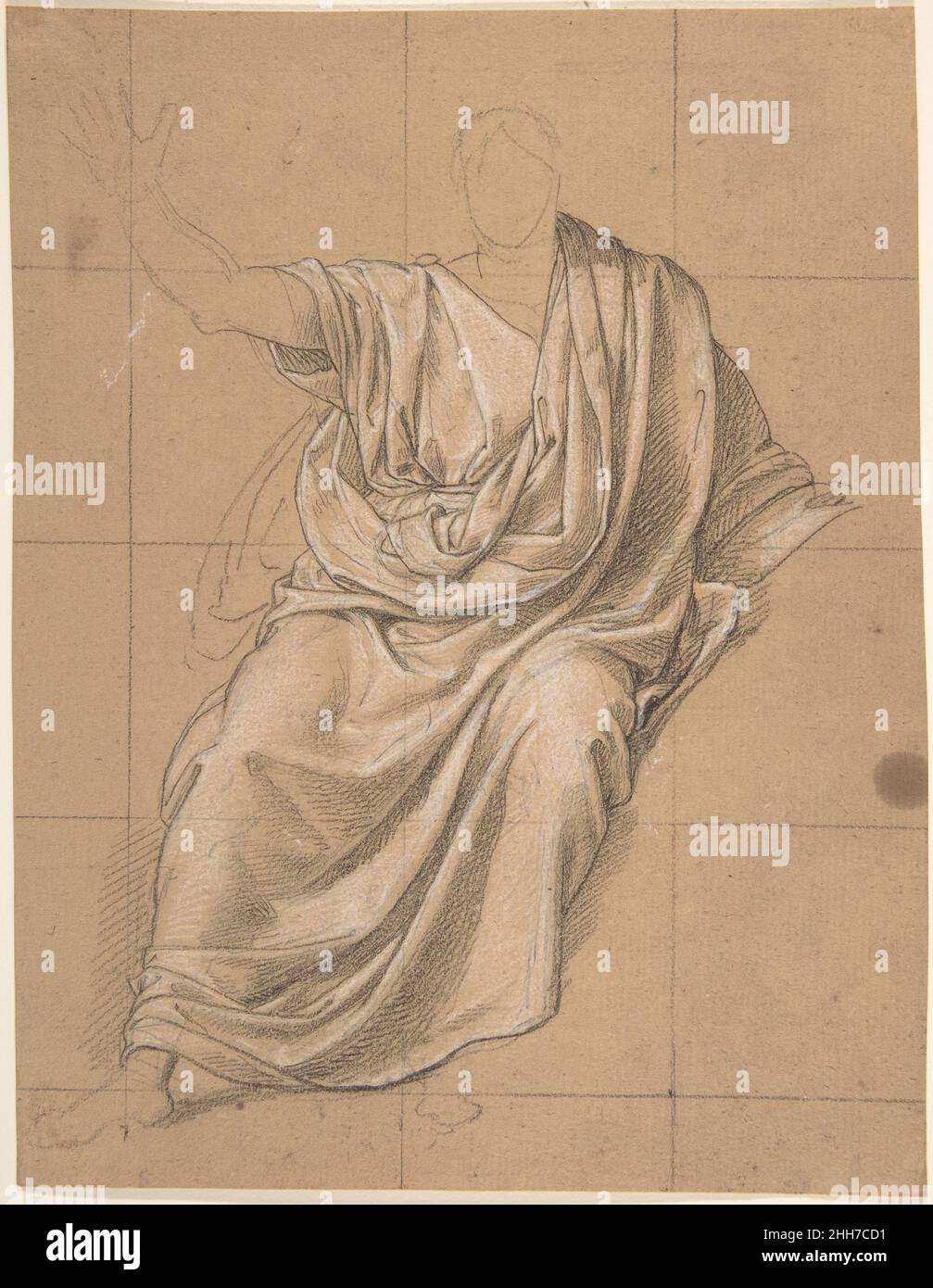 Study of Drapery 1818 Jean-Baptiste Joseph Wicar French Through careful shading, subtle white highlights, and areas of reserve, Wicar conveys the intricate folds of toga fabric gathered, tucked, and draped around the model. As the squaring of the sheet suggests, this drawing was made in preparation for a painting, specifically for the figure of Augustus who appears at the center of 'Virgil Reading the Aeneid to Augustus and Livia' (1818), commissioned by Count Giovanni Battista Sommariva (1760–1826) for his villa on Lake Como, where it remains today. Wicar spent most of his career in Italy, wh Stock Photo