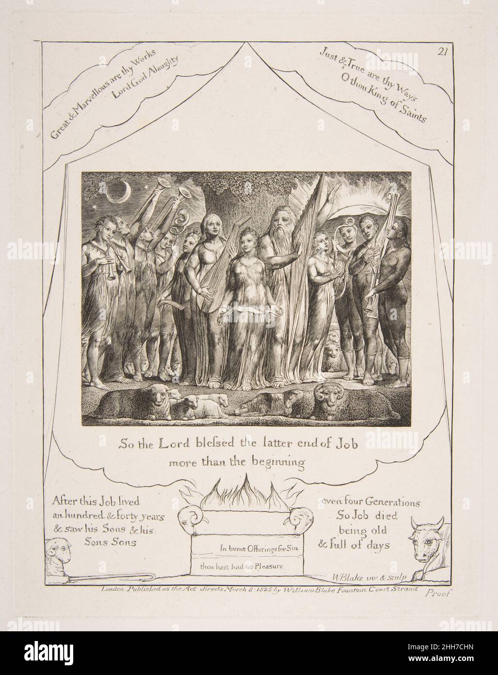 Job and his Wife restored to Prosperity 1825–26 William Blake British. Job and his Wife restored to Prosperity  383468 Artist: William Blake, British, London 1757?1827 London, Publisher: Published by William Blake, British, London 1757?1827 London No. 3 Fountain Court, Strand, Job and his Wife restored to Prosperity, from Illustrations of the Book of Job, 1825?26, Engraving, plate: 8 1/2 x 6 5/8 in. (21.6 x 16.8 cm) sheet: 16 1/8 x 10 7/8 in. (41 x 27.6 cm). The Metropolitan Museum of Art, New York. Gift of Edward Bement, 1917 (17.17.1?21) Stock Photo