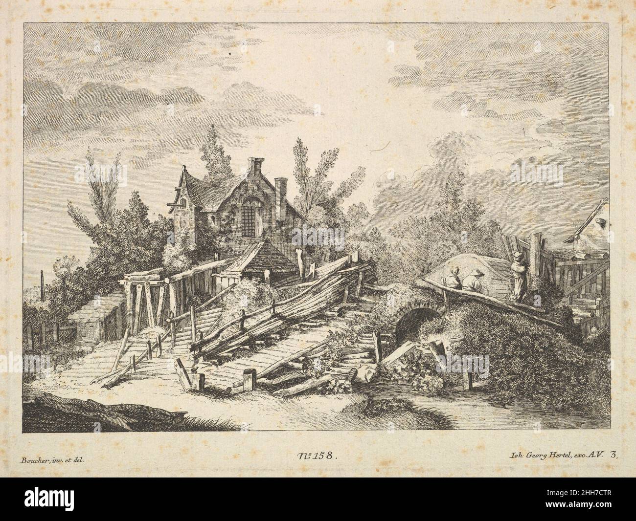 A Landscape with a Home and Three Men on a Bridge 18th century Johann ...