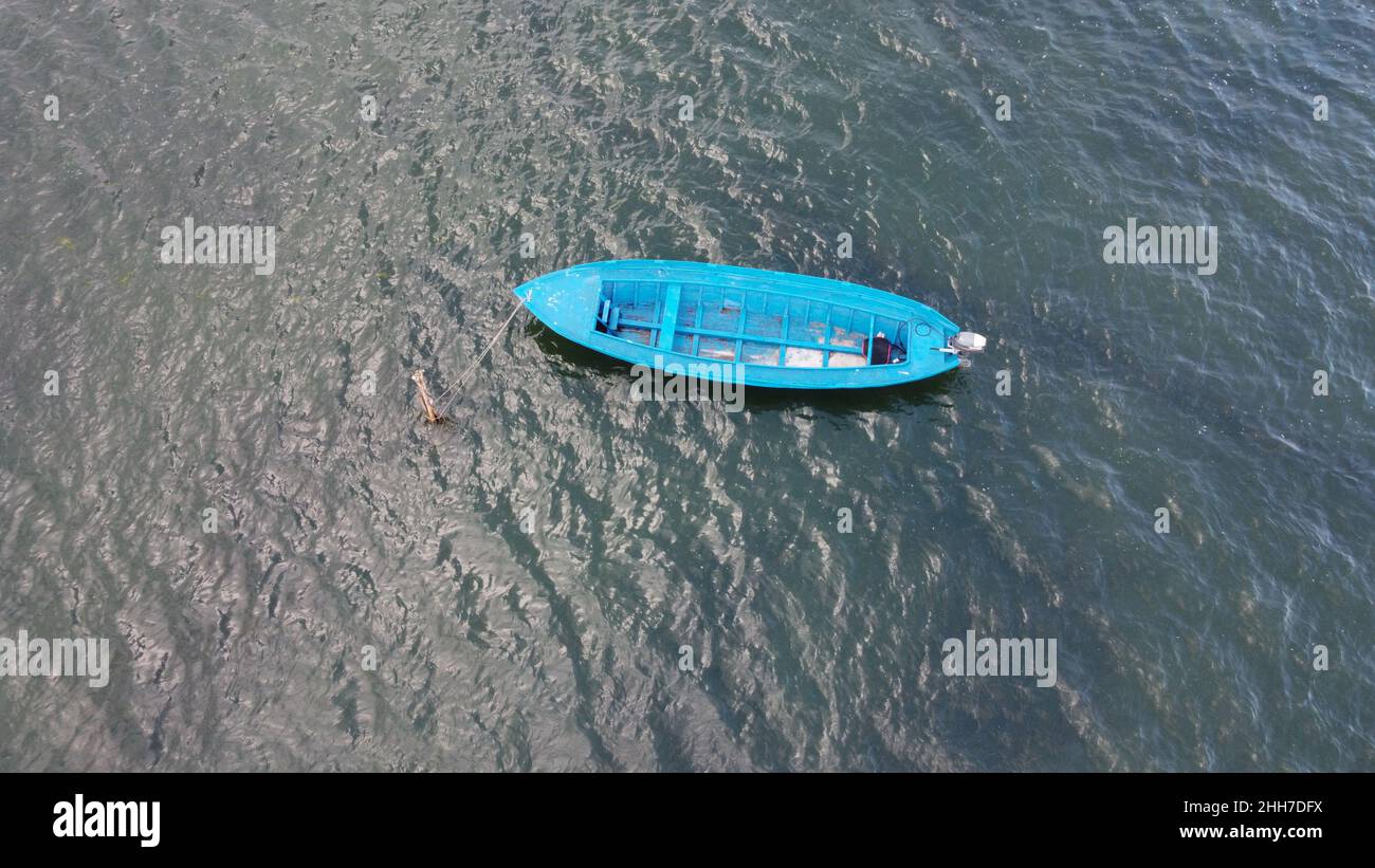 Traditional fishing boat in the lagoon of Mesologgi,aerial drone view,Aitoloakarnania,Greece Stock Photo