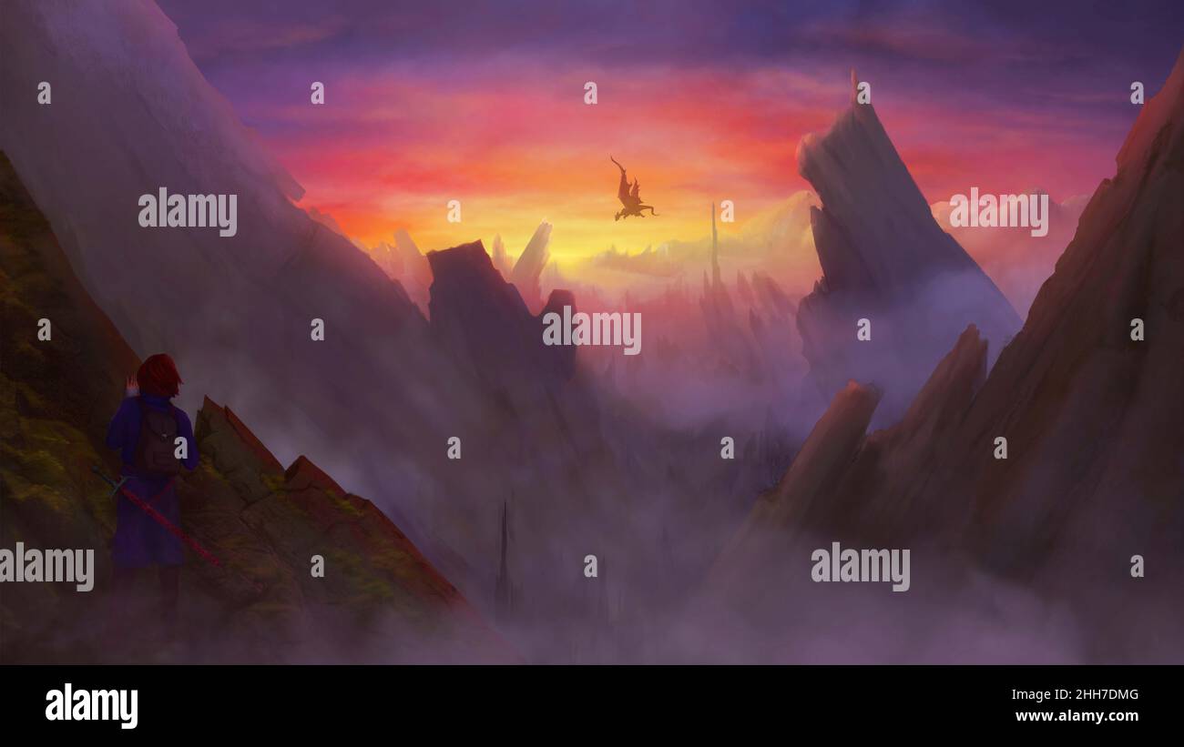 Digital landscape painting of Dragon hunter spotting a dragon in the misty mountains Stock Photo