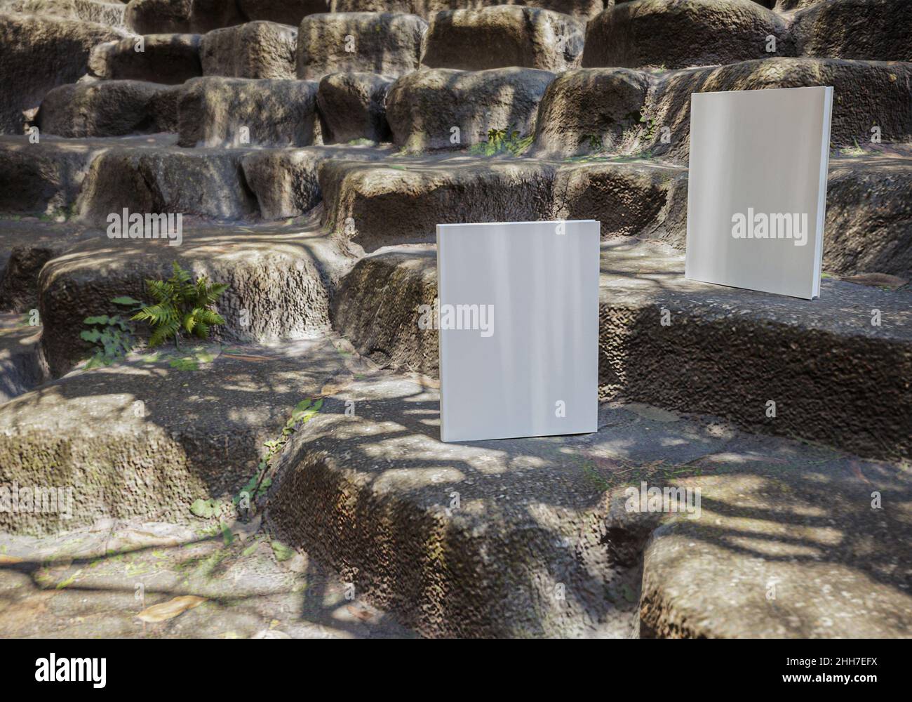 Blank book model on ancient ruins, notebook mockup, mockup on nature background 06 Stock Photo