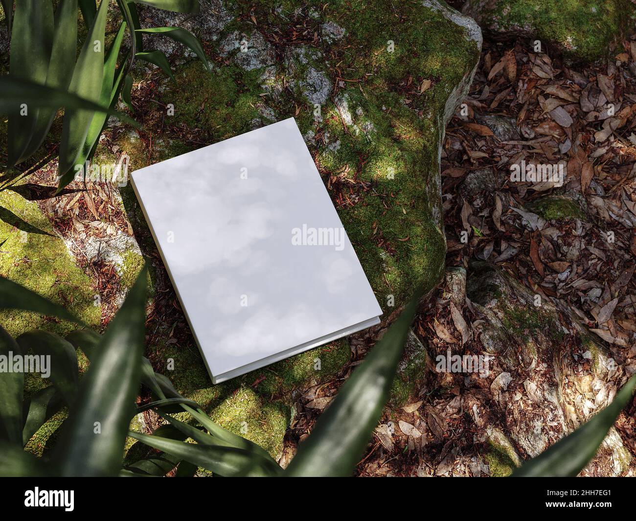 Blank book model on mossy rock, notebook mockup, mockup on nature background Stock Photo