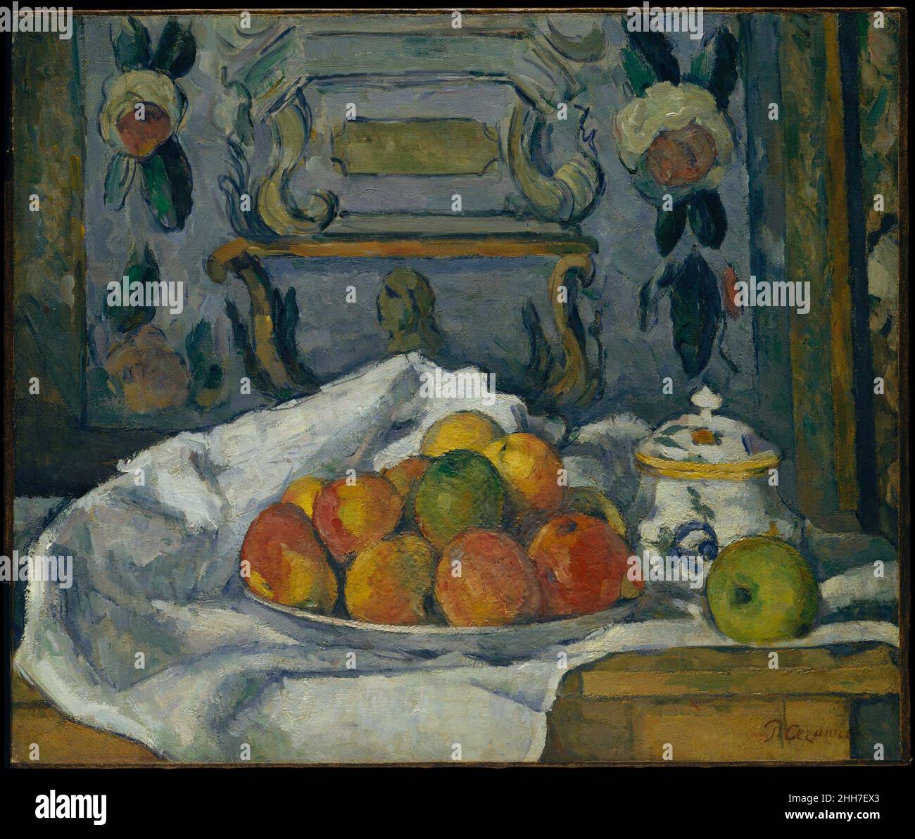 Dish of Apples ca. 1876–77 Paul Cézanne French This rich and dense still life, featuring a napkin shaped like Mont Sainte-Victoire, was painted about 1876–77 in the house of Cézanne's father in Aix. The decorative screen visible in the background was long thought to have been made by the artist in his youth.. Dish of Apples  437989 Stock Photo