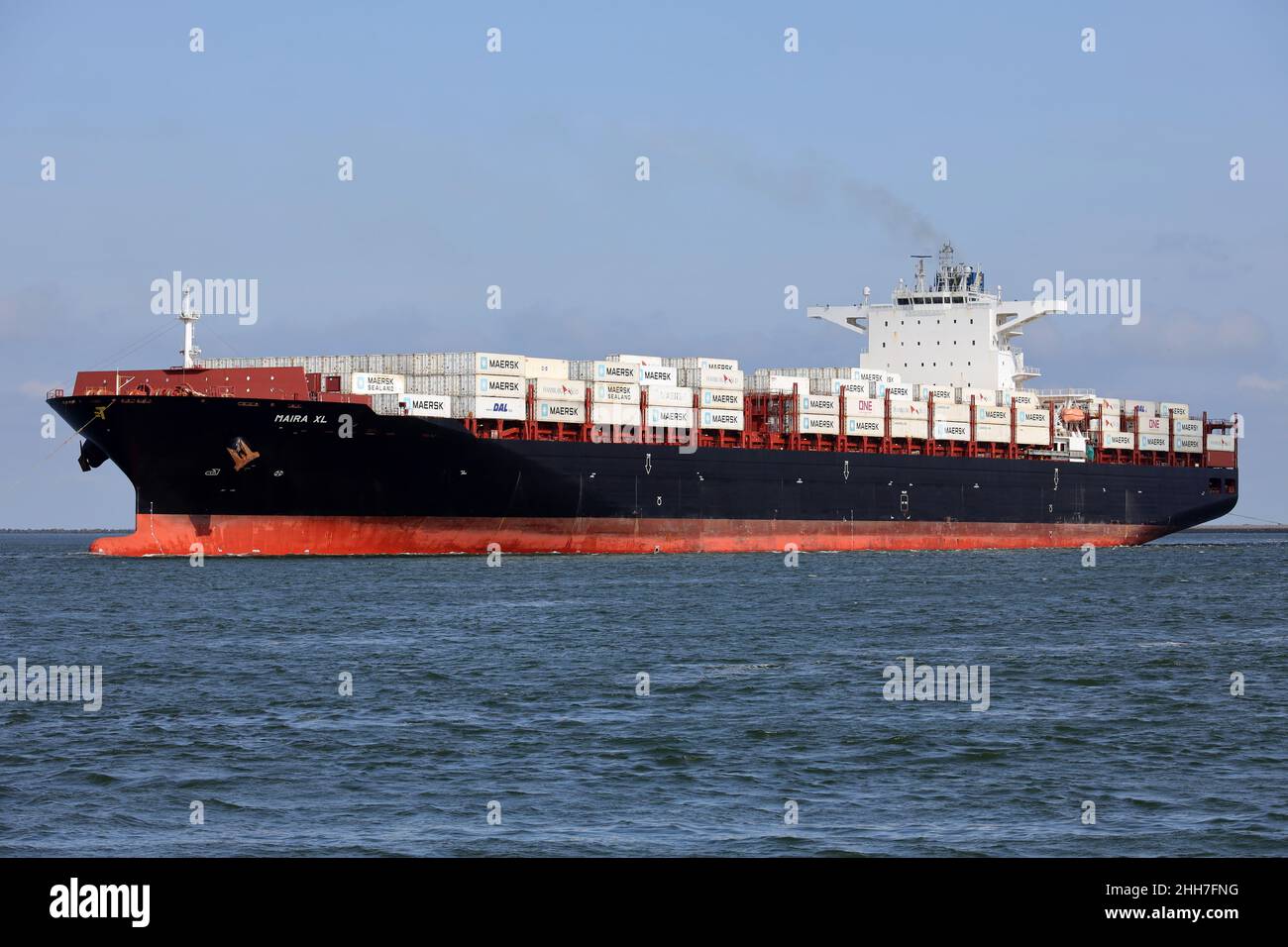 The container ship Maira XL will reach the port of Rotterdam on August 24, 2021. Stock Photo