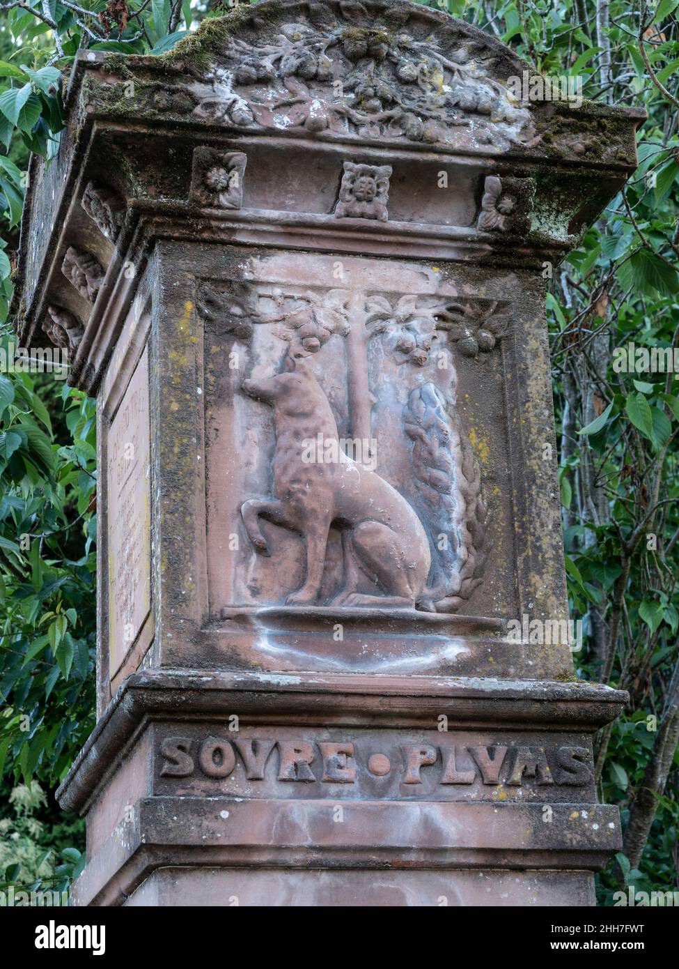Galashiels, Selkirkshire, Scotland - gate pillar in the town centre with coat of arms and 'Soure Plums' (soor plooms, sour plums) motto. Stock Photo