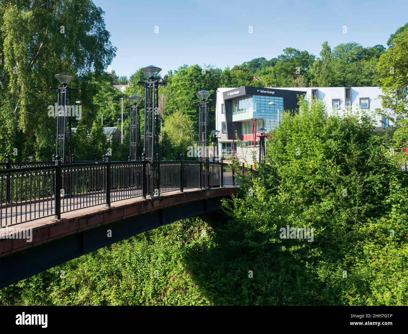 Galashiels, Selkirkshire, Scotland - The Hub, transport and business centre located next to the railway and bus stations, seen from Douglas Bridge ove Stock Photo