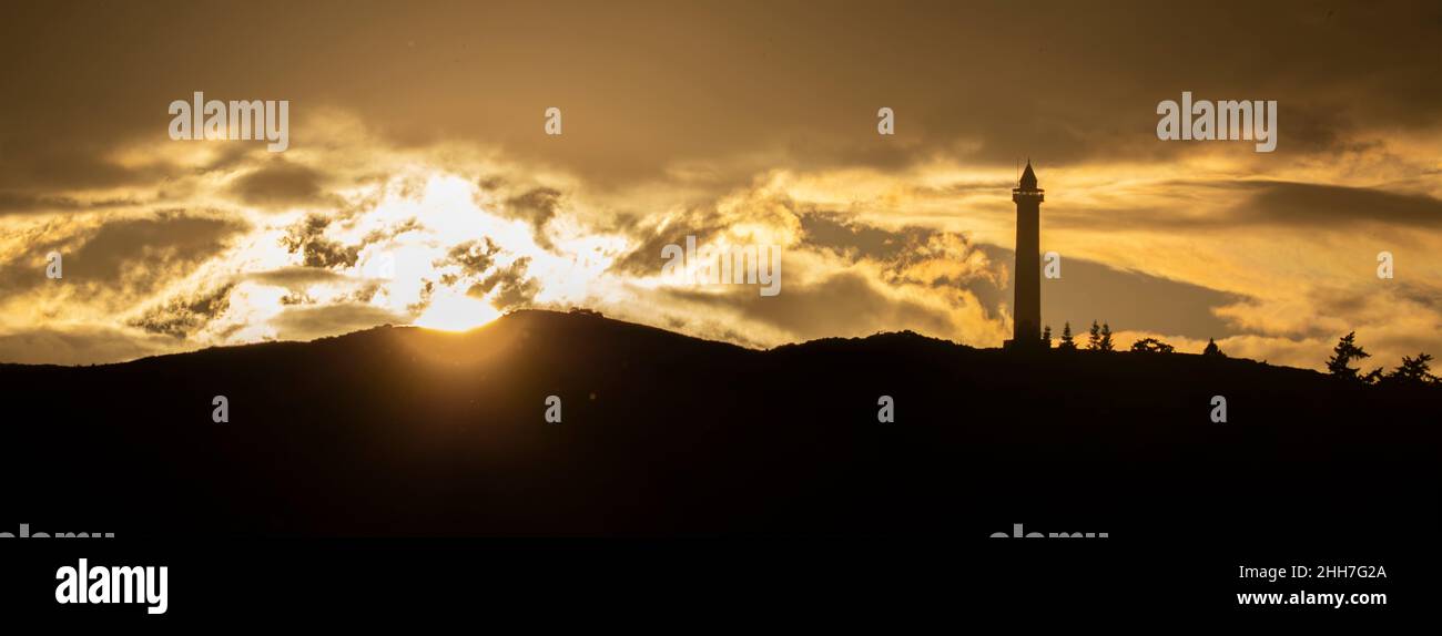 The Waterloo monument or column at Penielheugh, Nisbet, in the Scottish Borders seen at sunset. Stock Photo