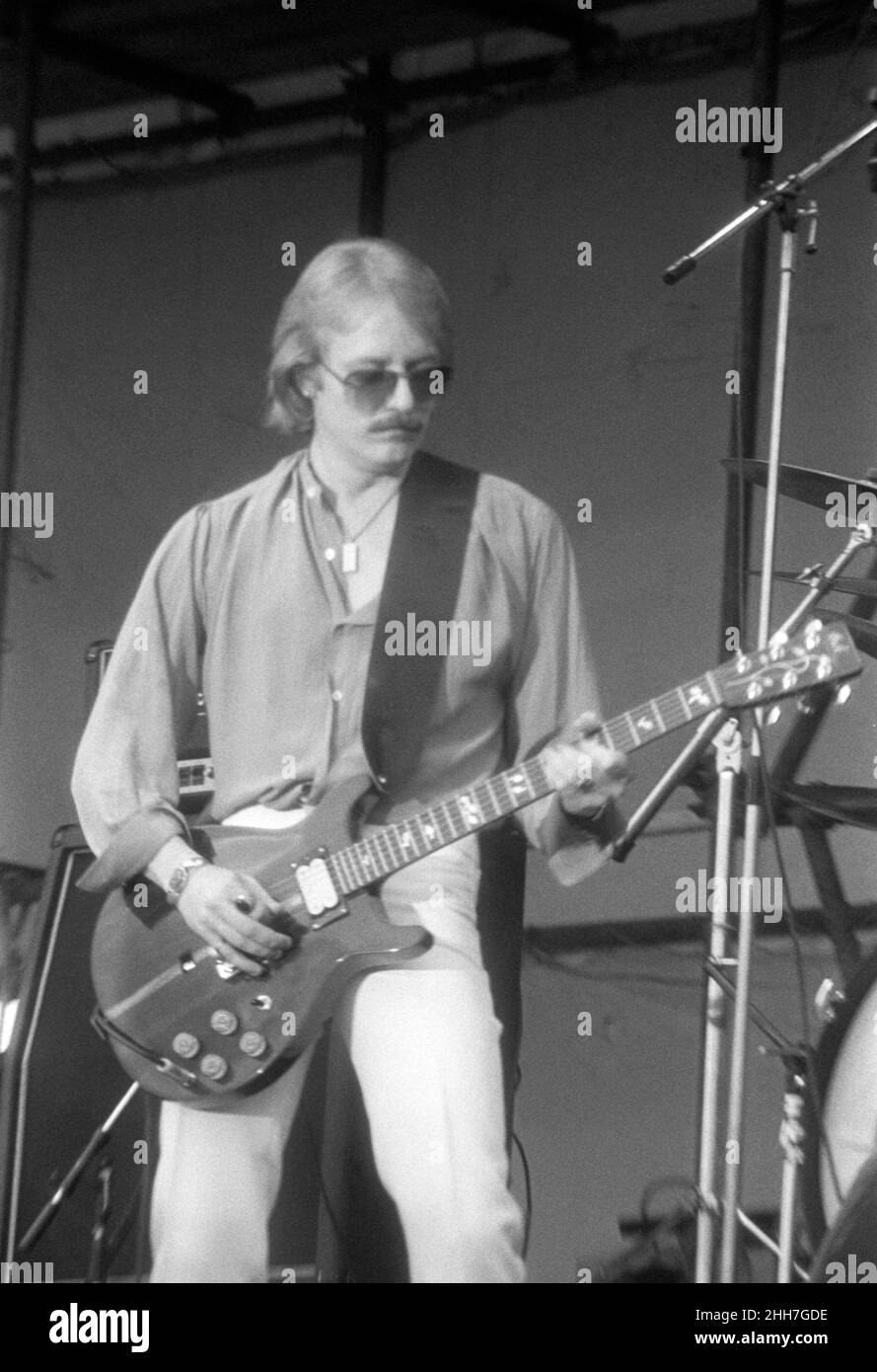 English musician John Miles performing at the 1977 Reading Festival, England. Stock Photo