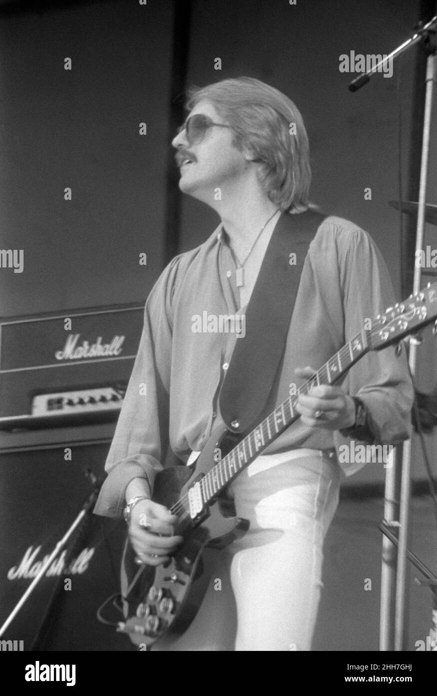 English musician John Miles performing at the 1977 Reading Festival, England. Stock Photo