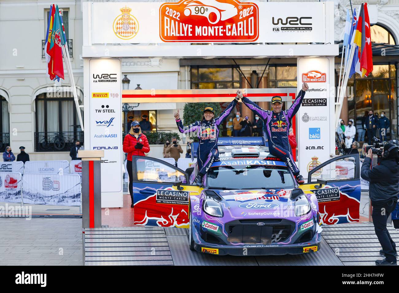 19 Sebastien LOEB (FRA), Isabelle GALMICHE (FRA), M-SPORT FORD WORLD RALLY  TEAM FORD, Puma Rally1, podium during the 2022 WRC World Rally Car  Championship, 90th edition of the Monte Carlo rally from