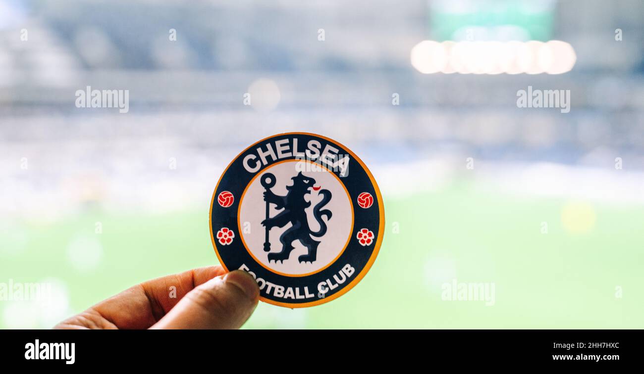 September 12, 2021, London, United Kingdom. The emblem of the Chelsea F.C.  football club on the background of a modern stadium Stock Photo - Alamy