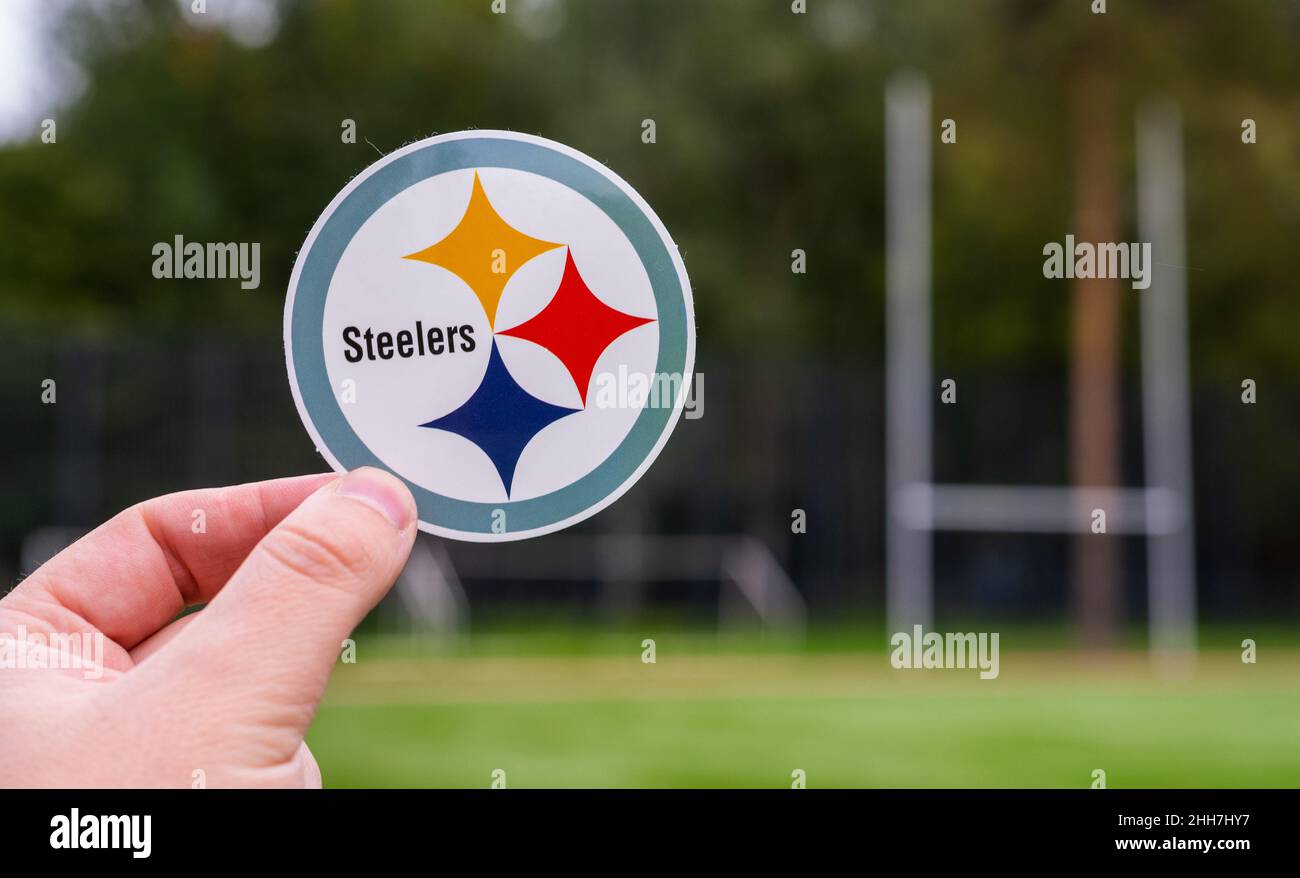 September 16, 2021, Pittsburgh, PA. Emblem of a professional American football team Pittsburgh Steelers based in Pittsburgh at the sports stadium. Stock Photo