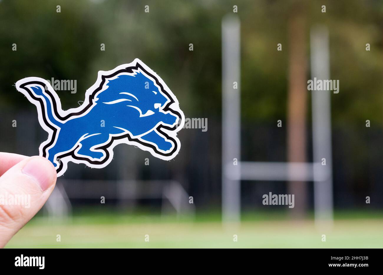 September 16, 2021, Detroit, Michigan. The emblem of a professional American football team Detroit Lions based in Detroit at the sports stadium. Stock Photo